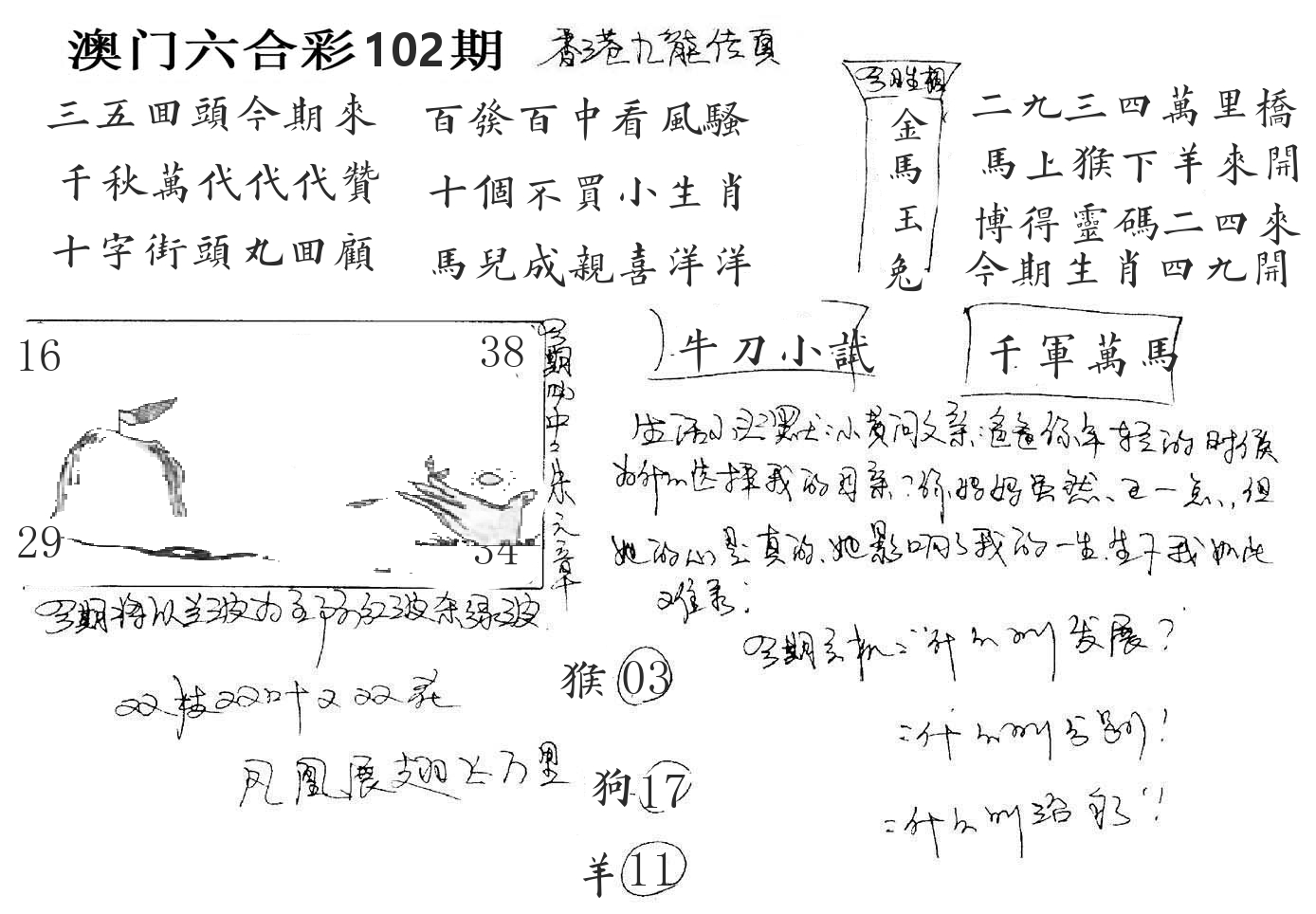 澳门手写九龙 第102期