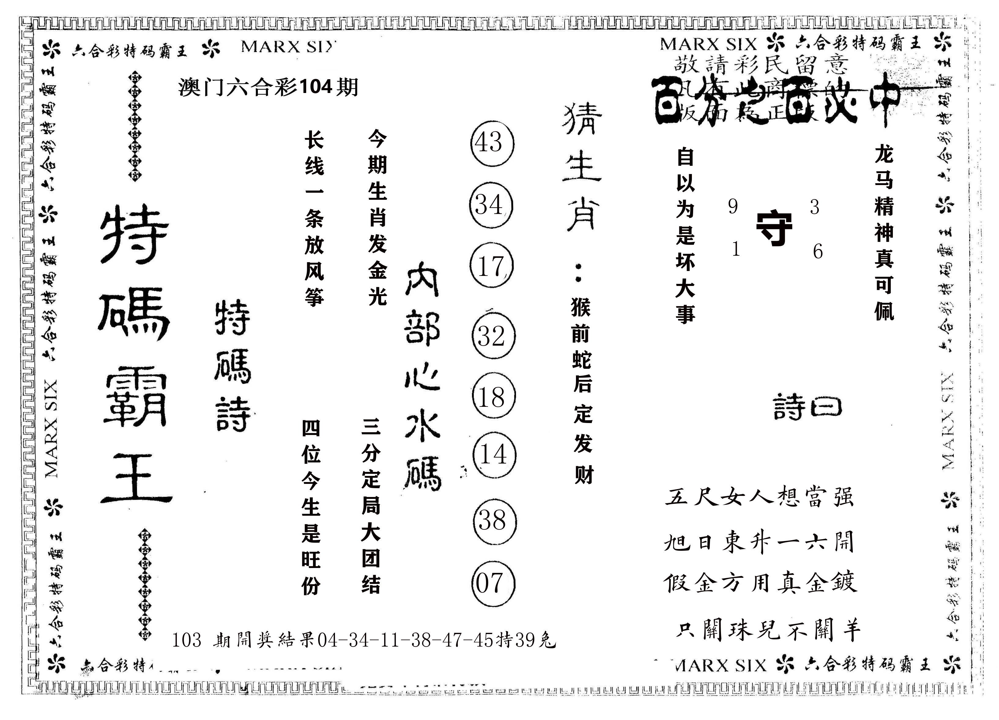 另版特码霸王 第104期