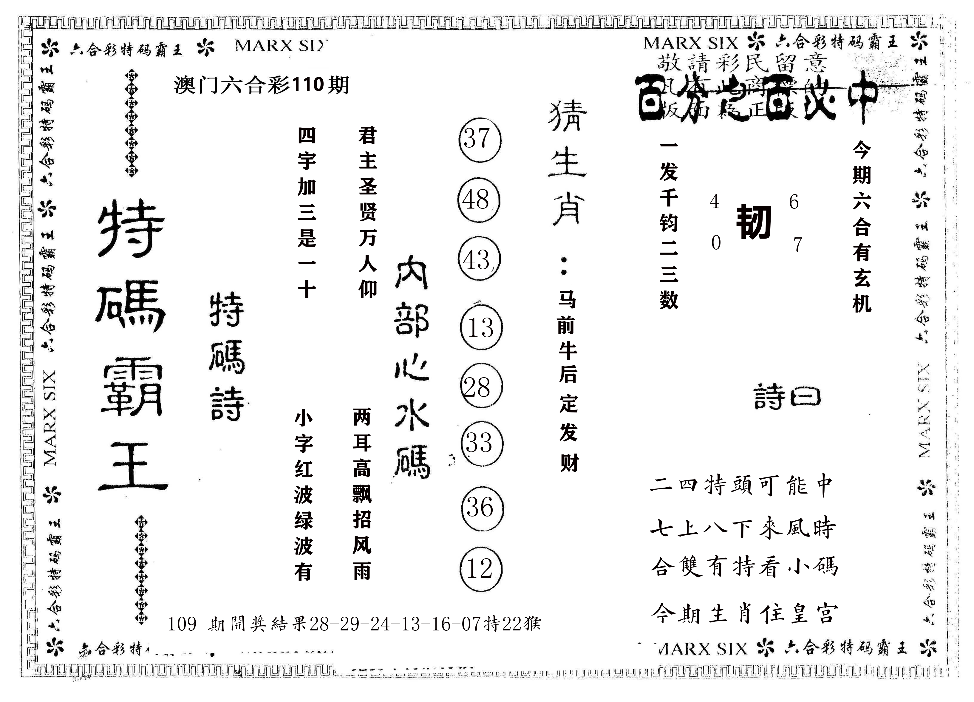 另版特码霸王 第110期