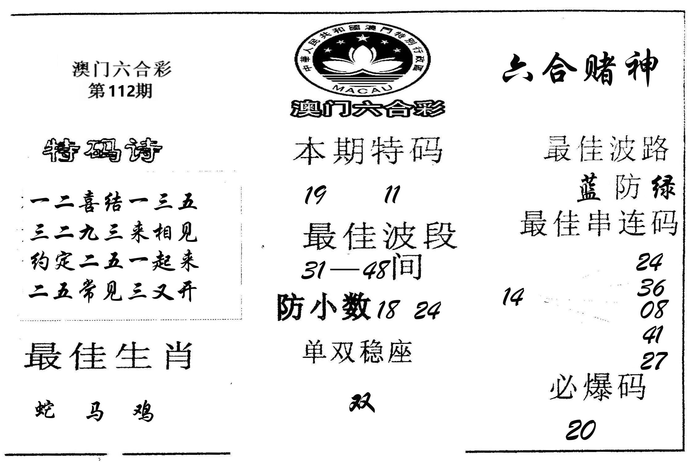 六合赌神 第112期