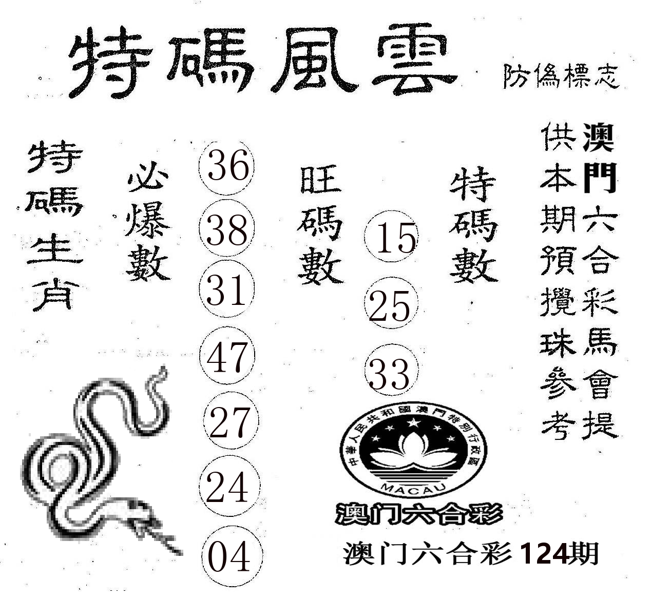 特码风云 第124期