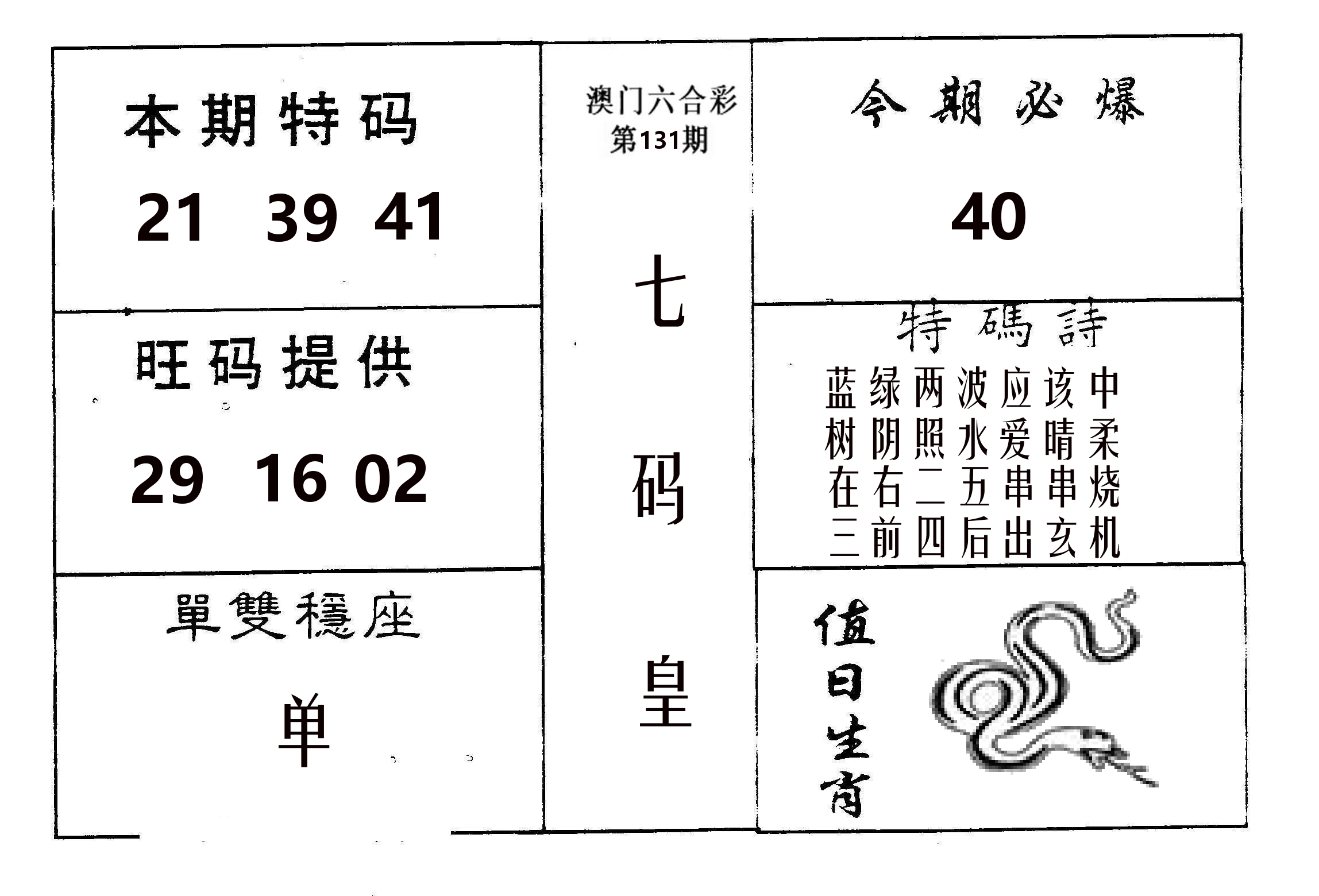 七码皇 第131期