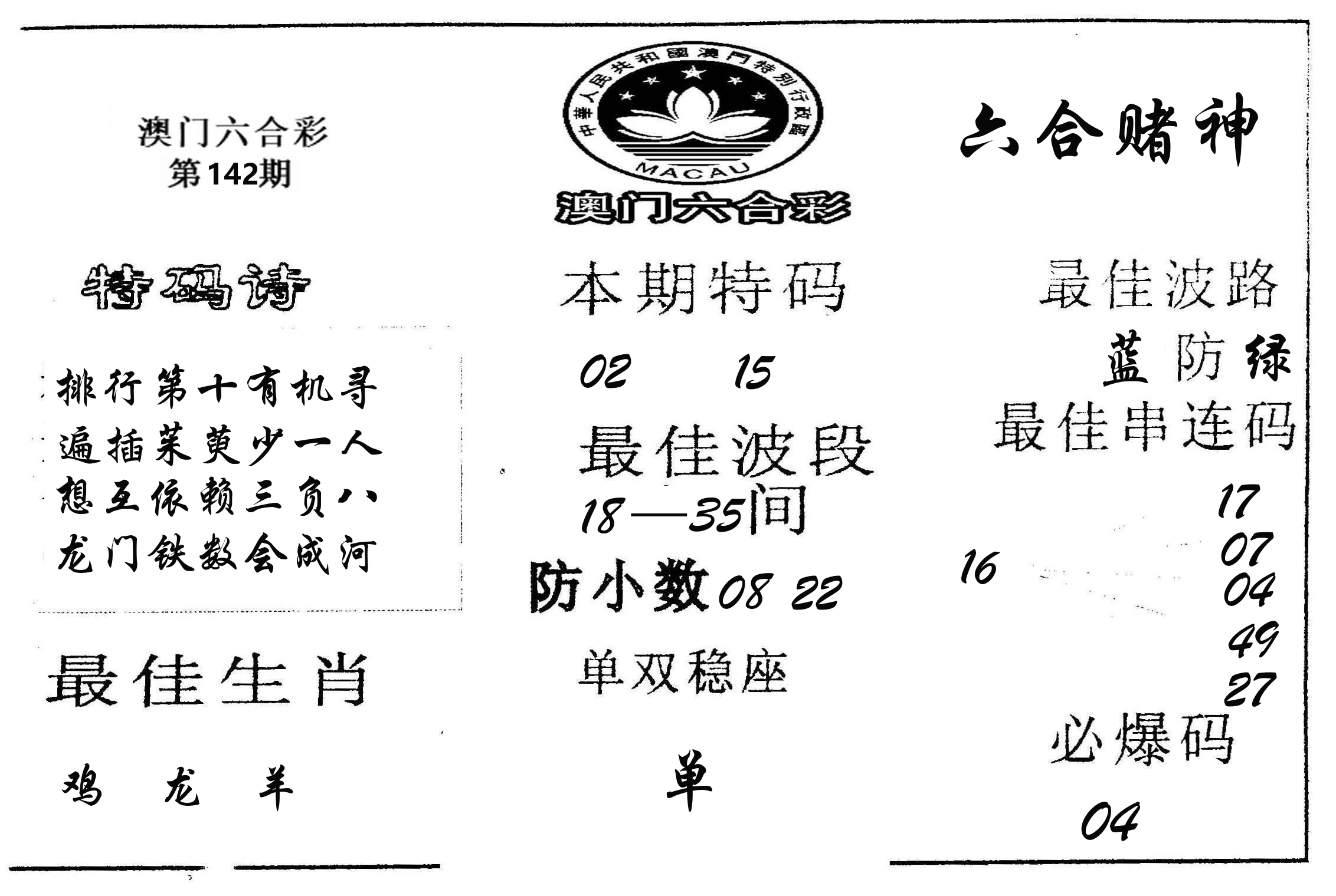 六合赌神 第142期