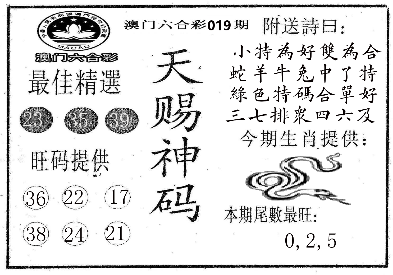 天赐神码 第19期