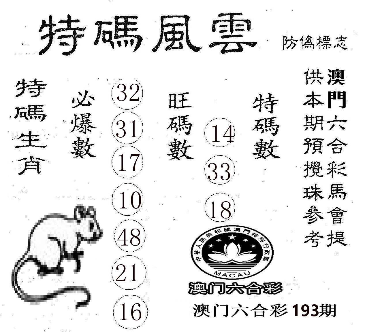 特码风云 第193期