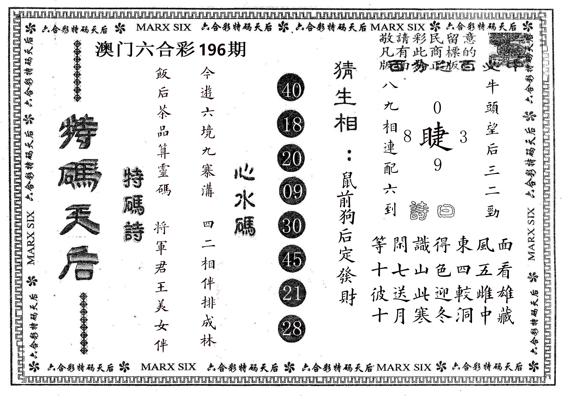 特码天后B 第196期