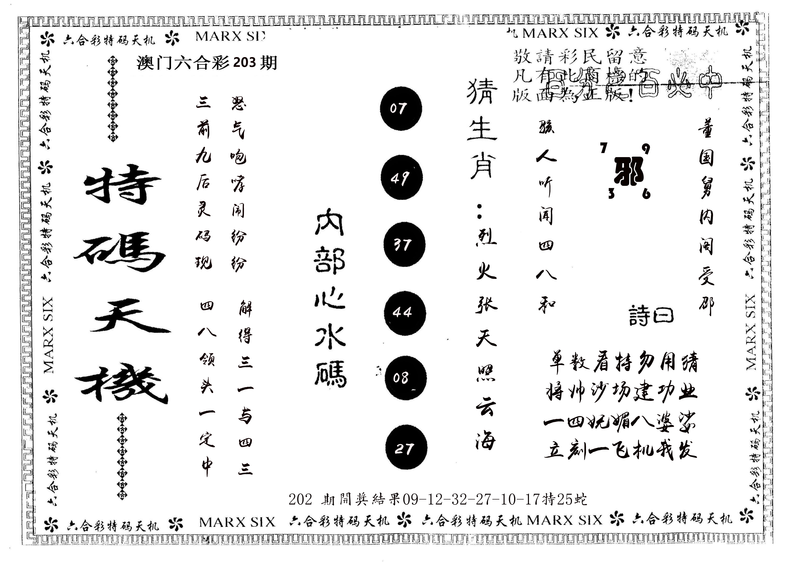 另版特码天机 第203期