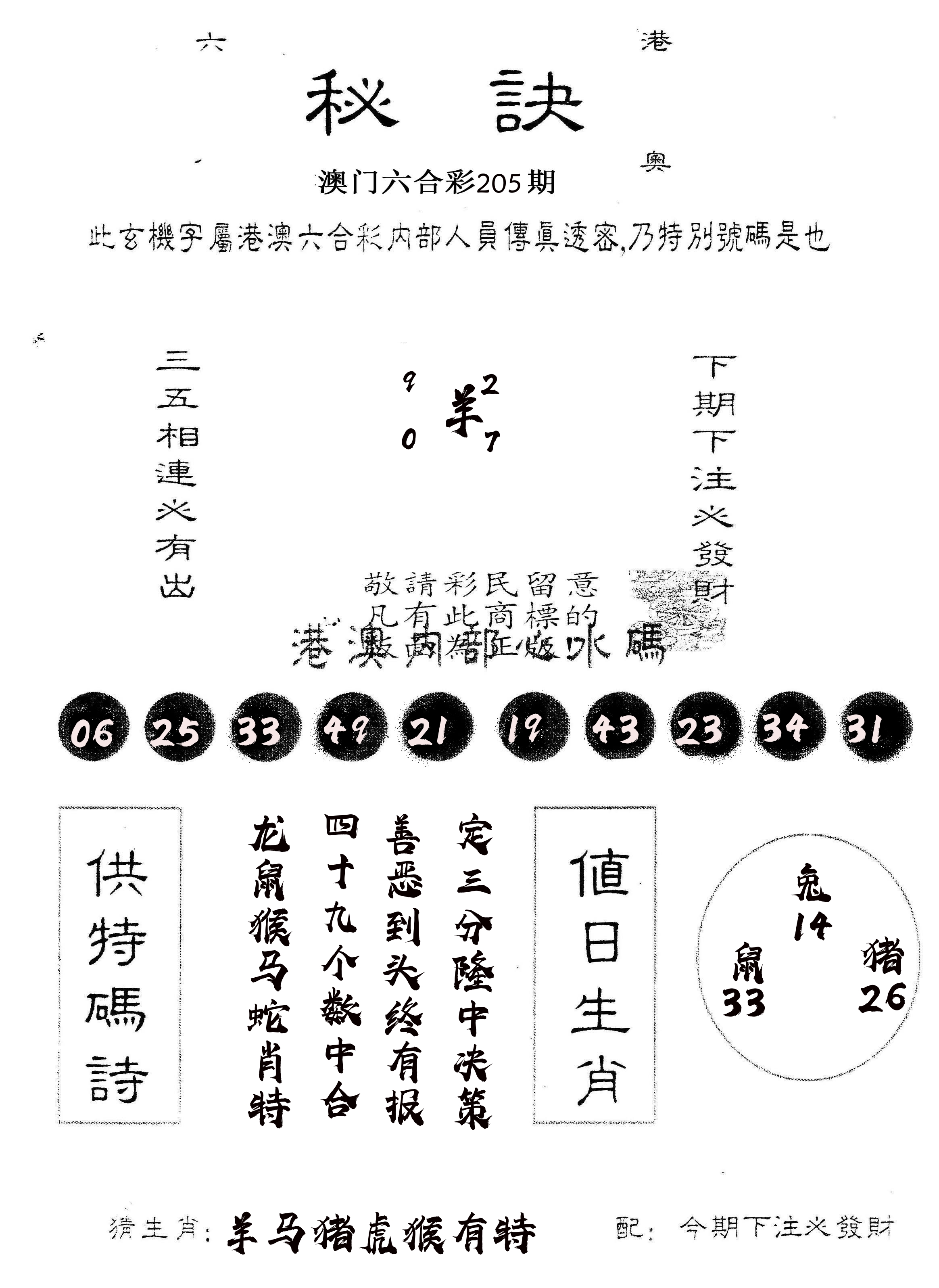 另版秘诀 第205期