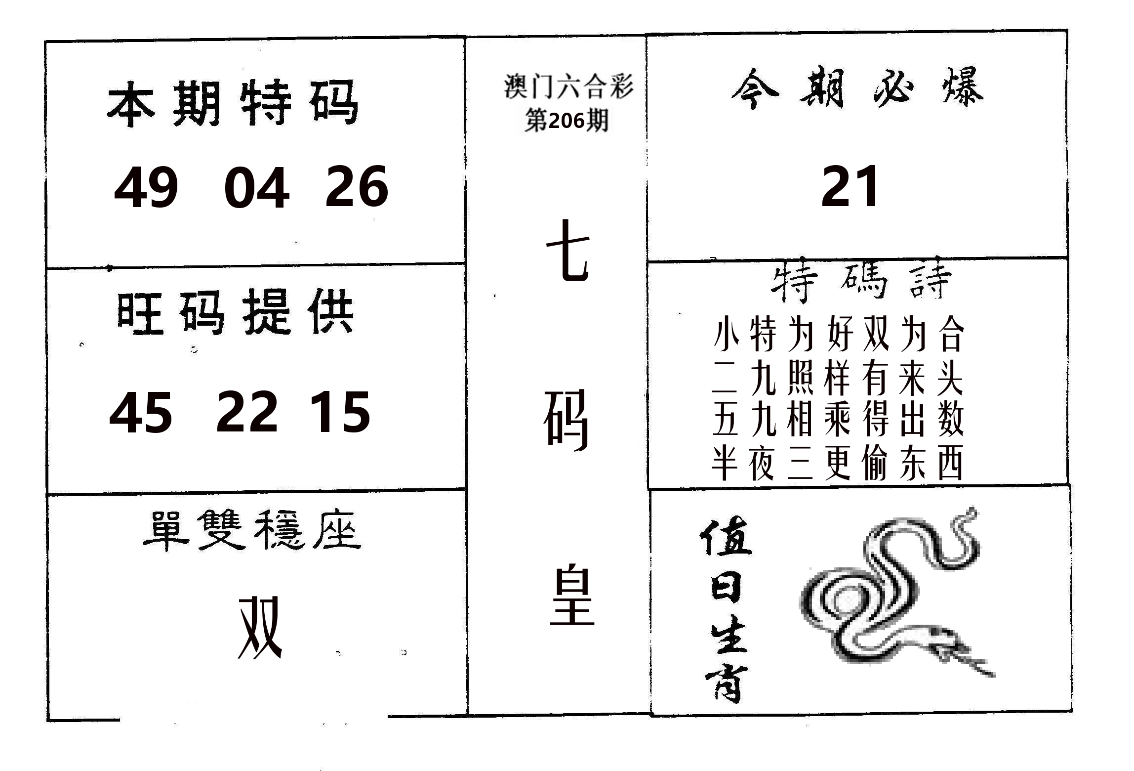 七码皇 第206期