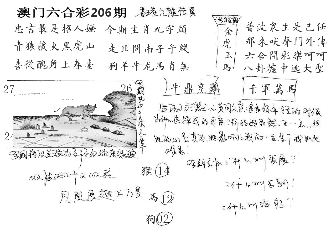 澳门手写九龙 第206期
