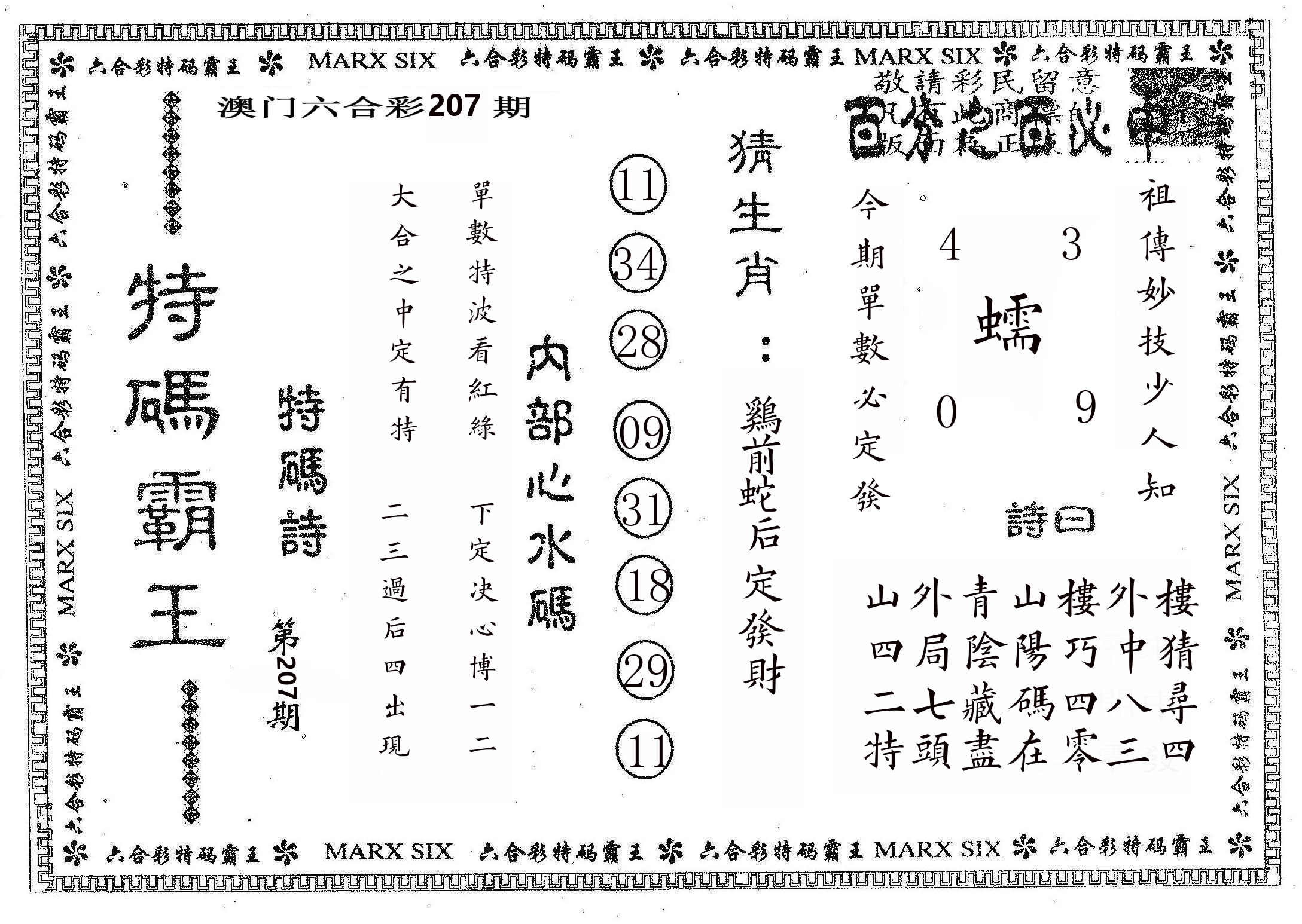 特码霸王B 第207期