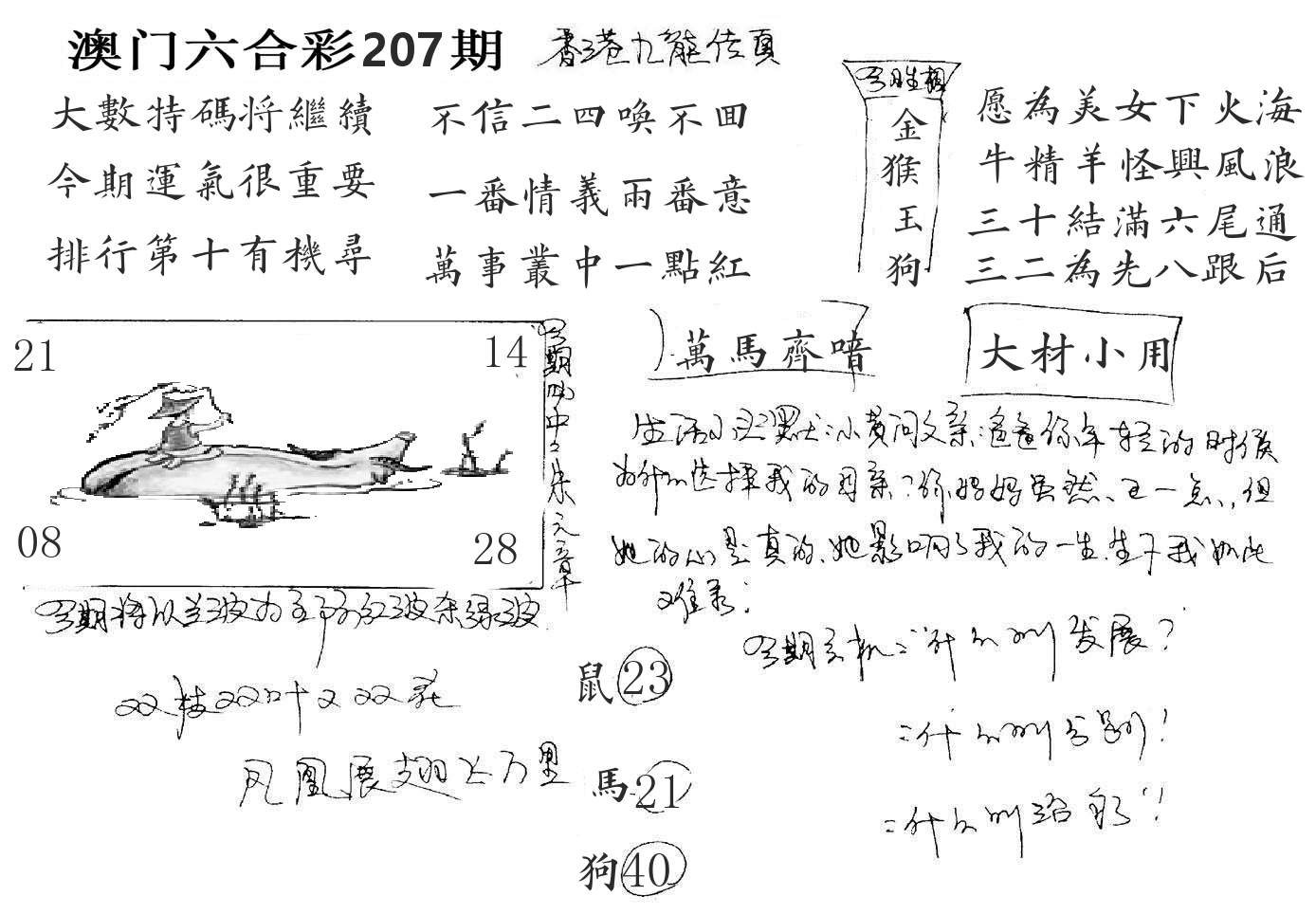 澳门手写九龙 第207期