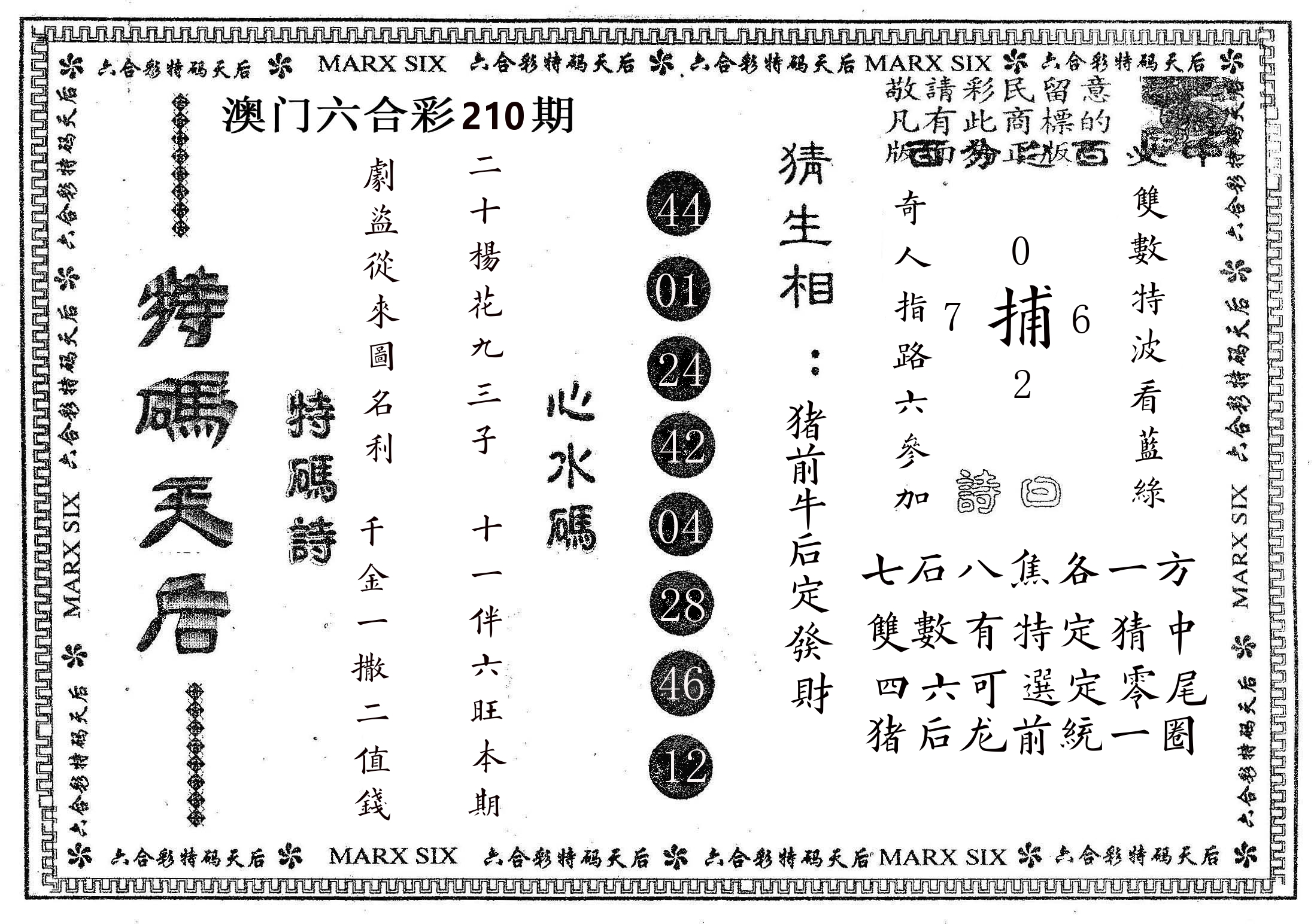 特码天后B 第210期