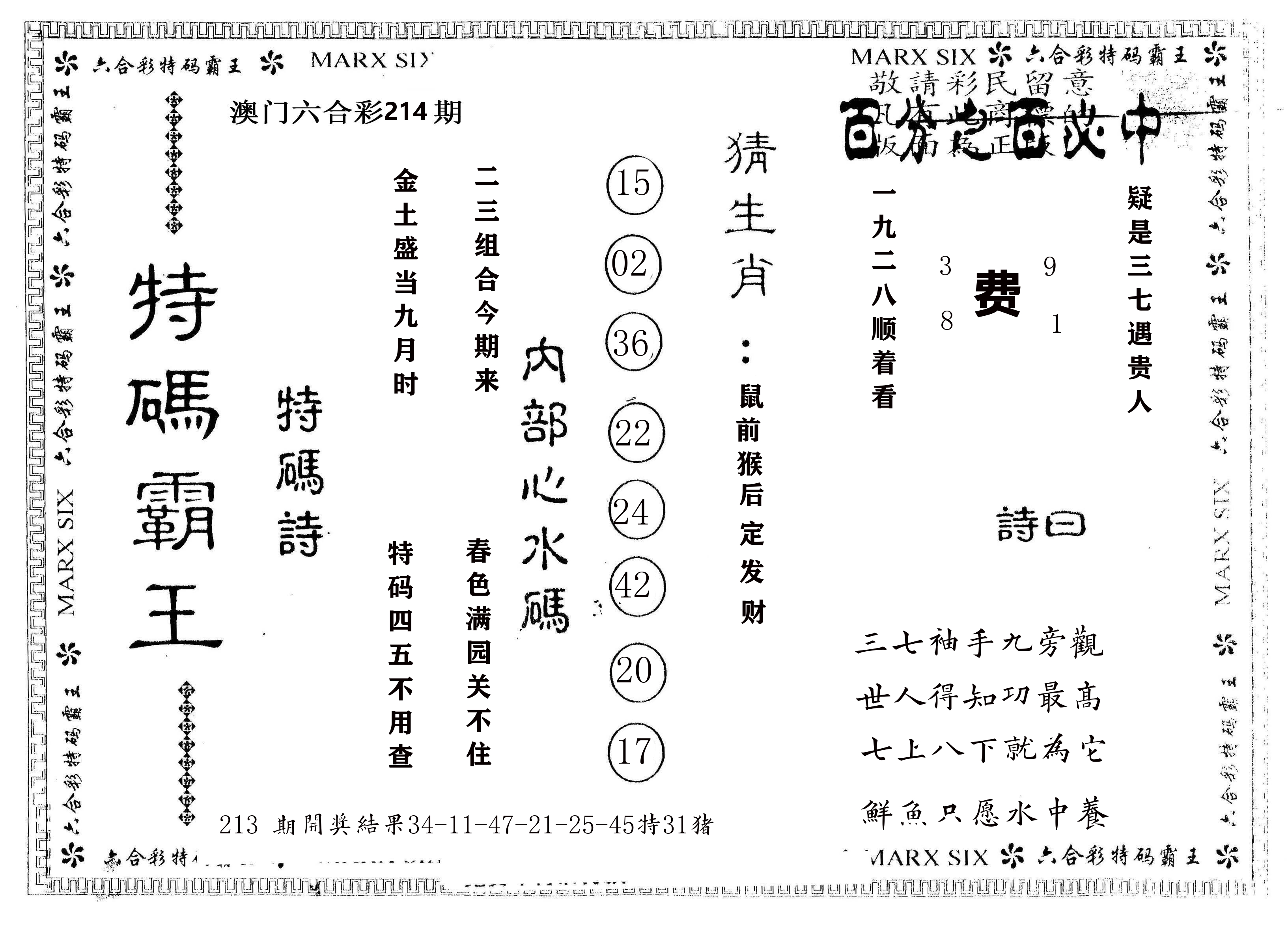 另版特码霸王 第214期
