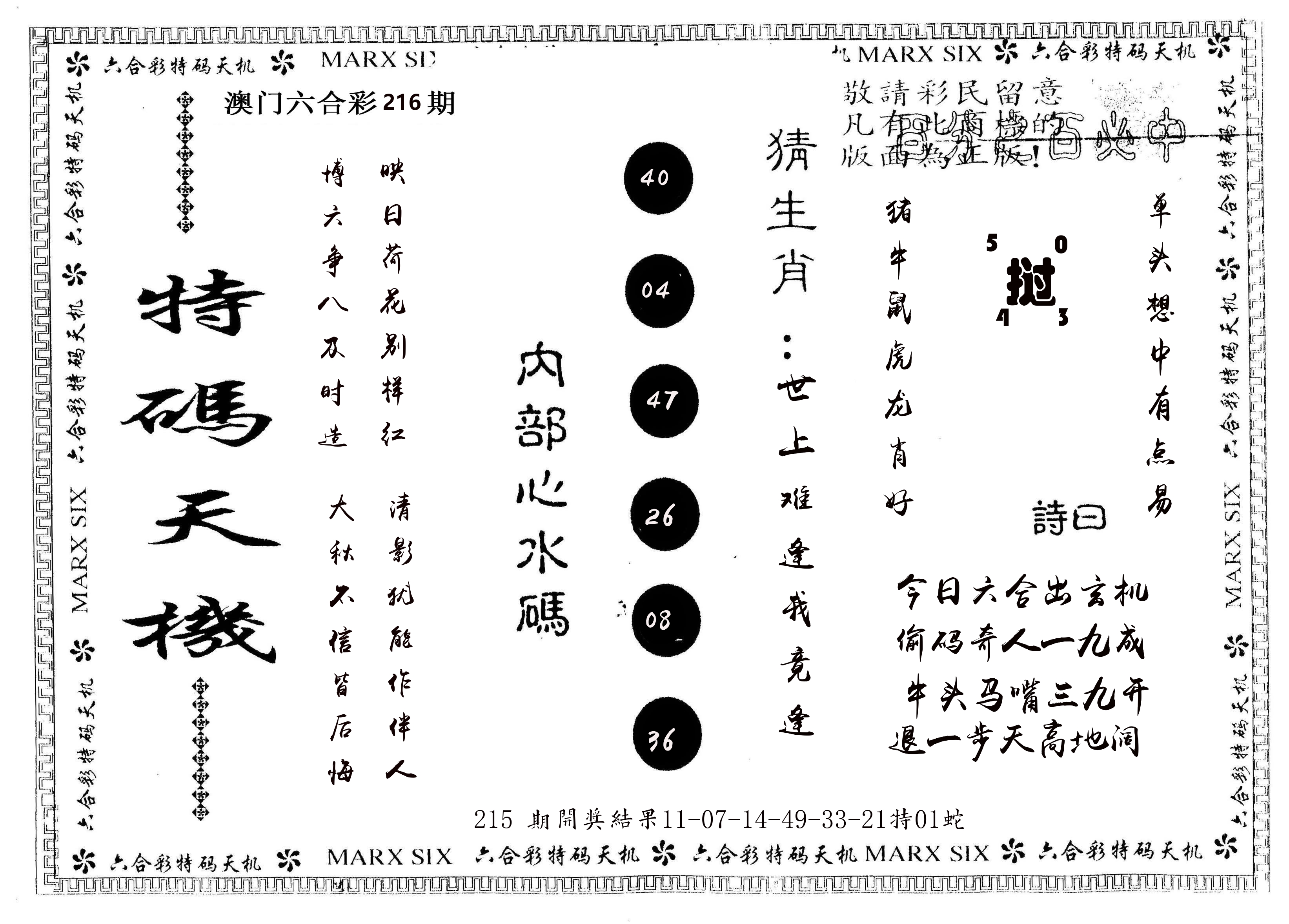 另版特码天机 第216期