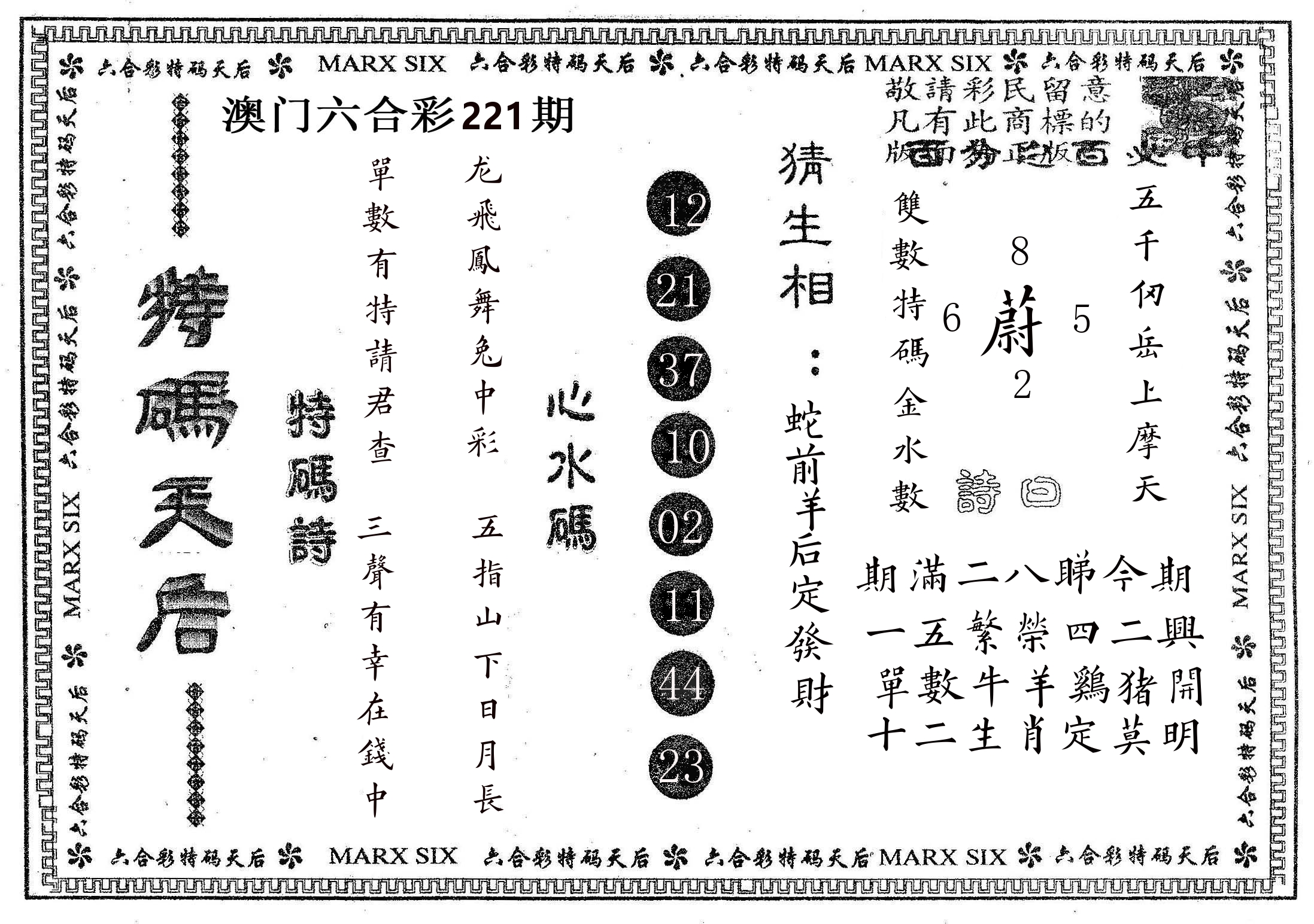 特码天后B 第221期