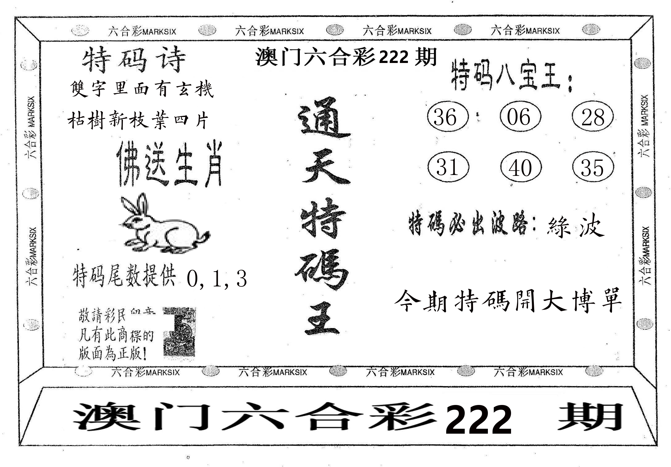 通天特码王 第222期