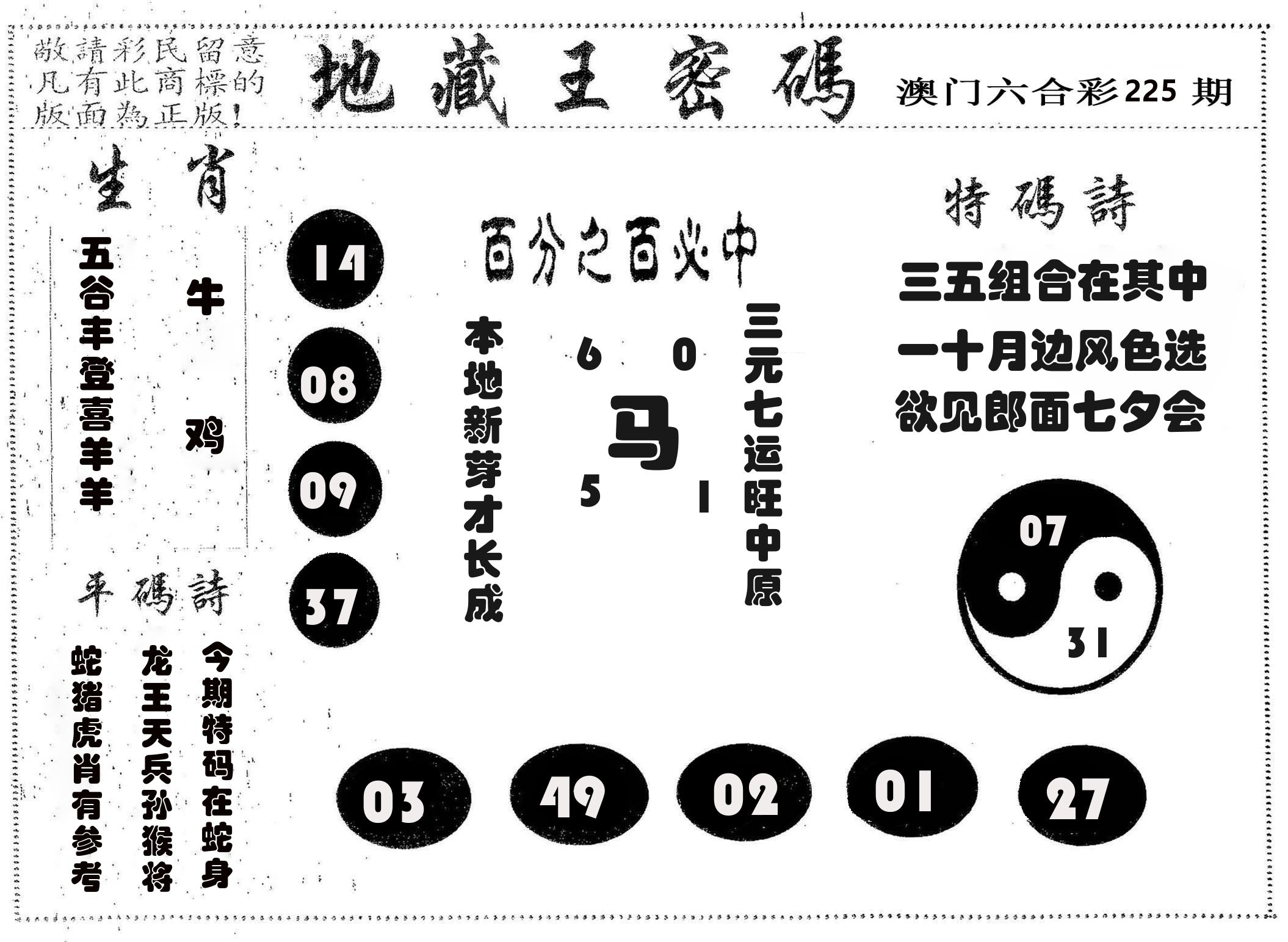 地藏王密码 第225期