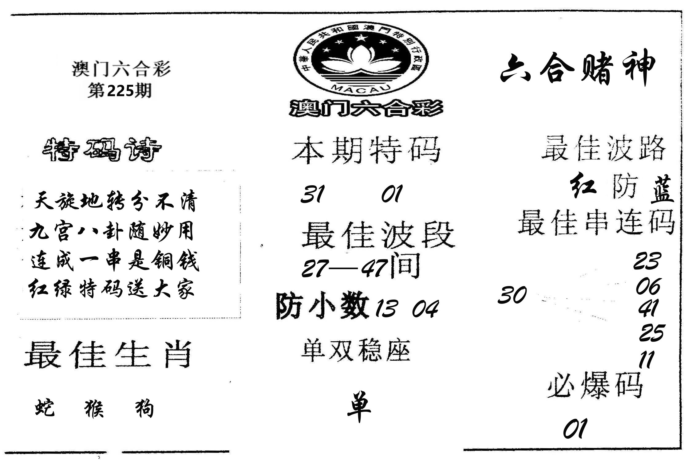 六合赌神 第225期
