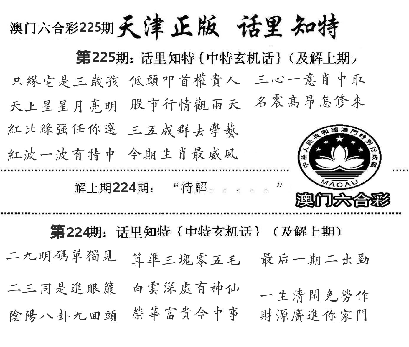 天津正版话里知特 第225期