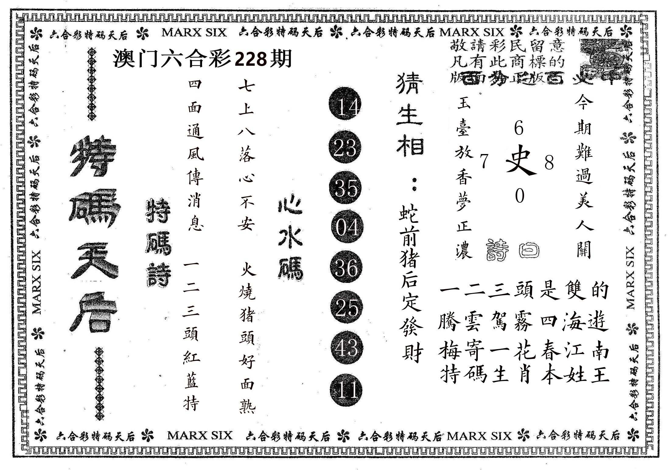 特码天后B 第228期