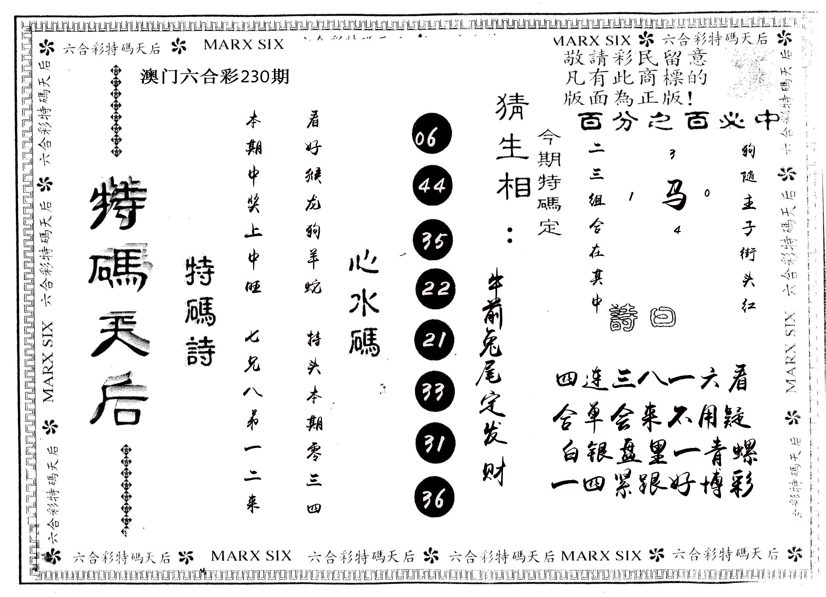 另版特码天后 第230期