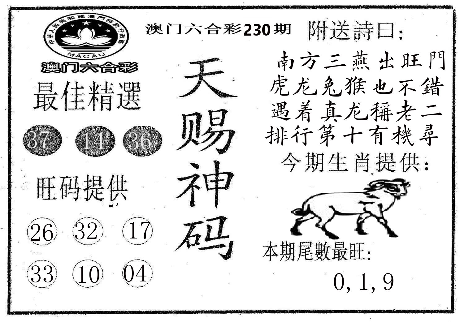 天赐神码 第230期