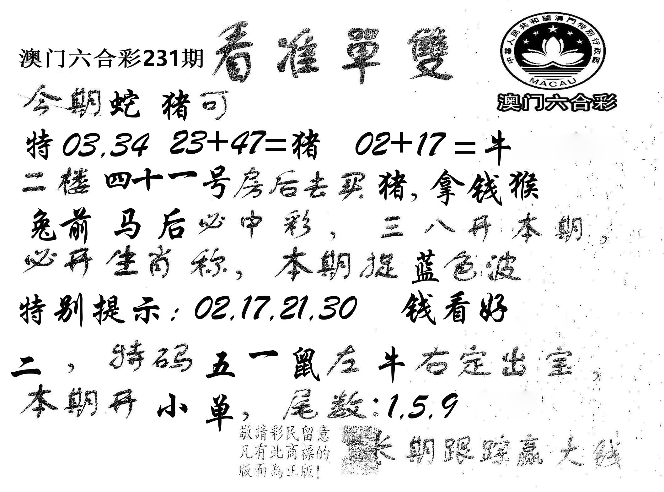 看准单双 第231期