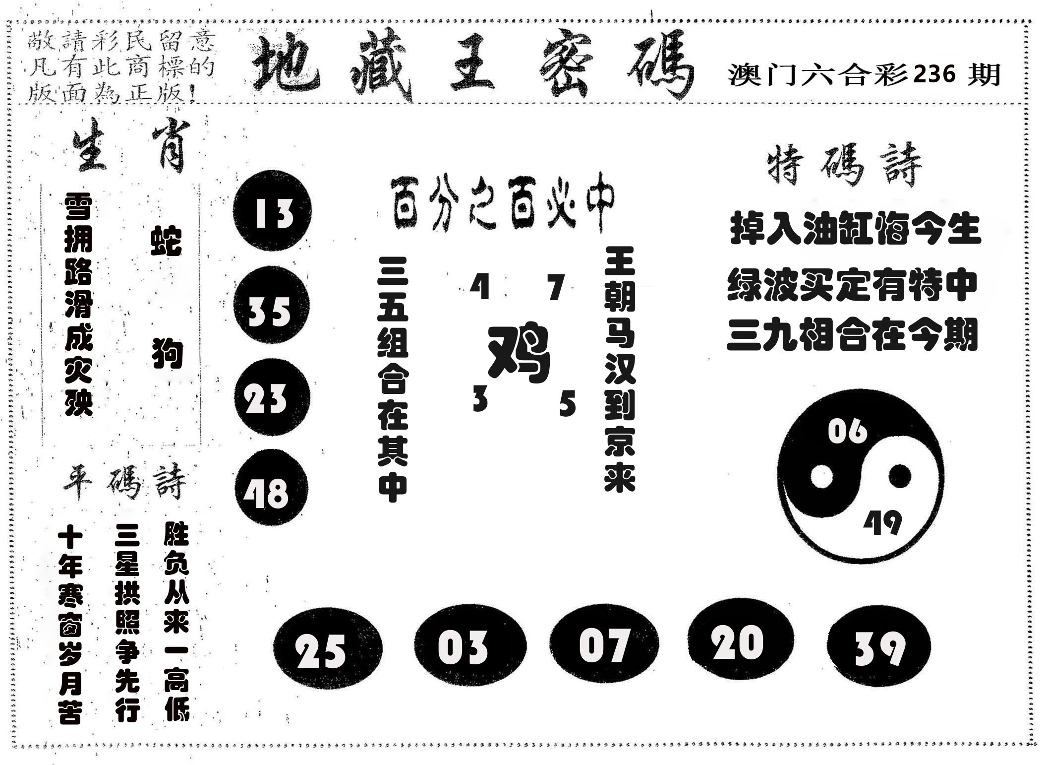 地藏王密码 第236期
