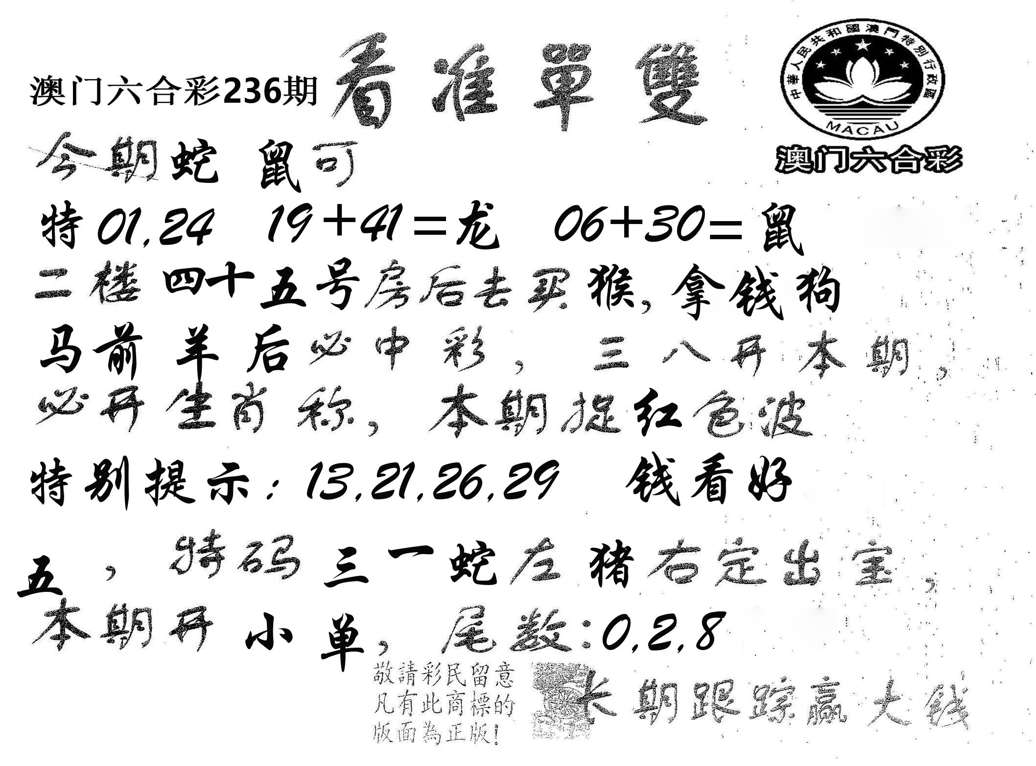 看准单双 第236期