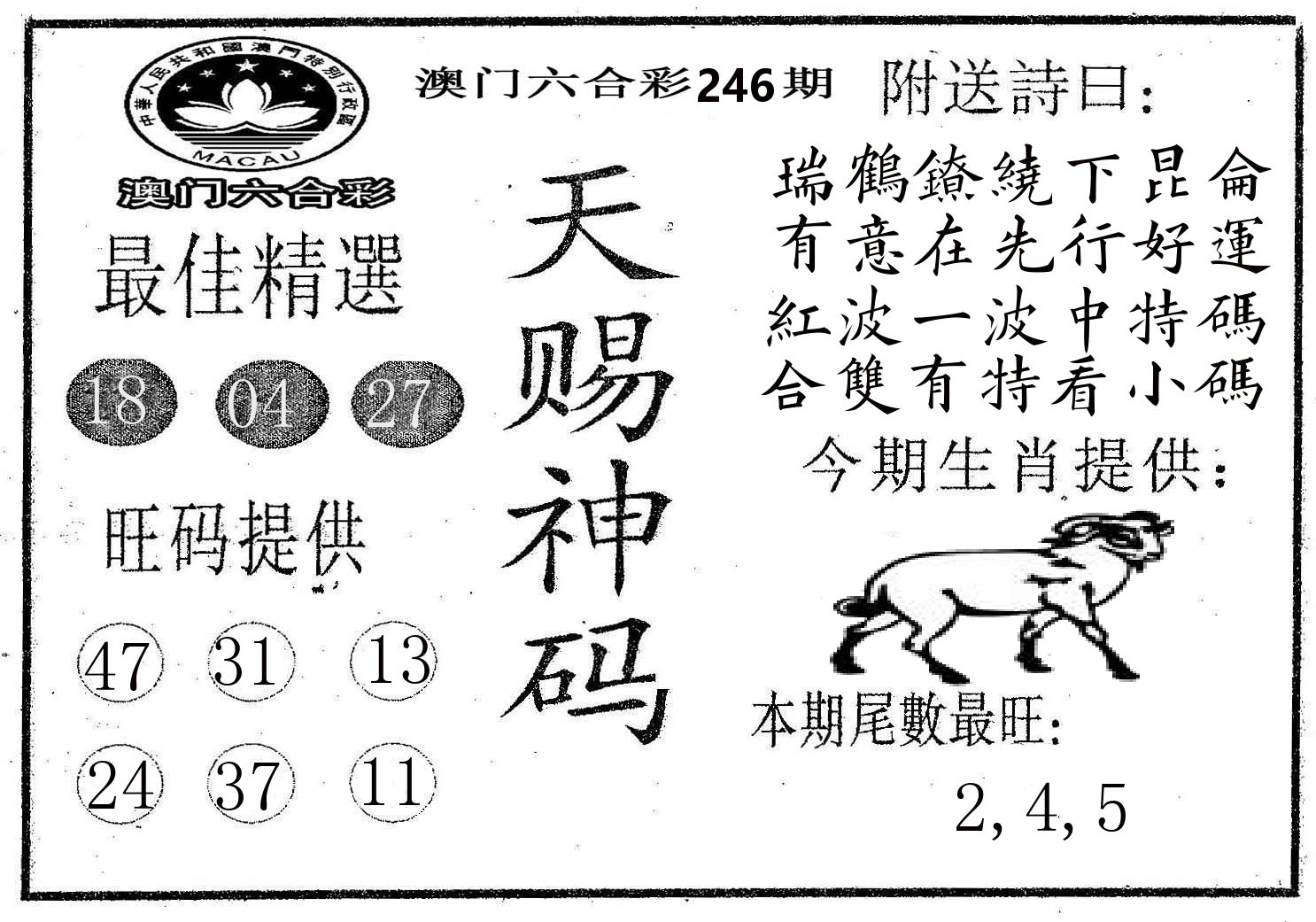 天赐神码 第246期