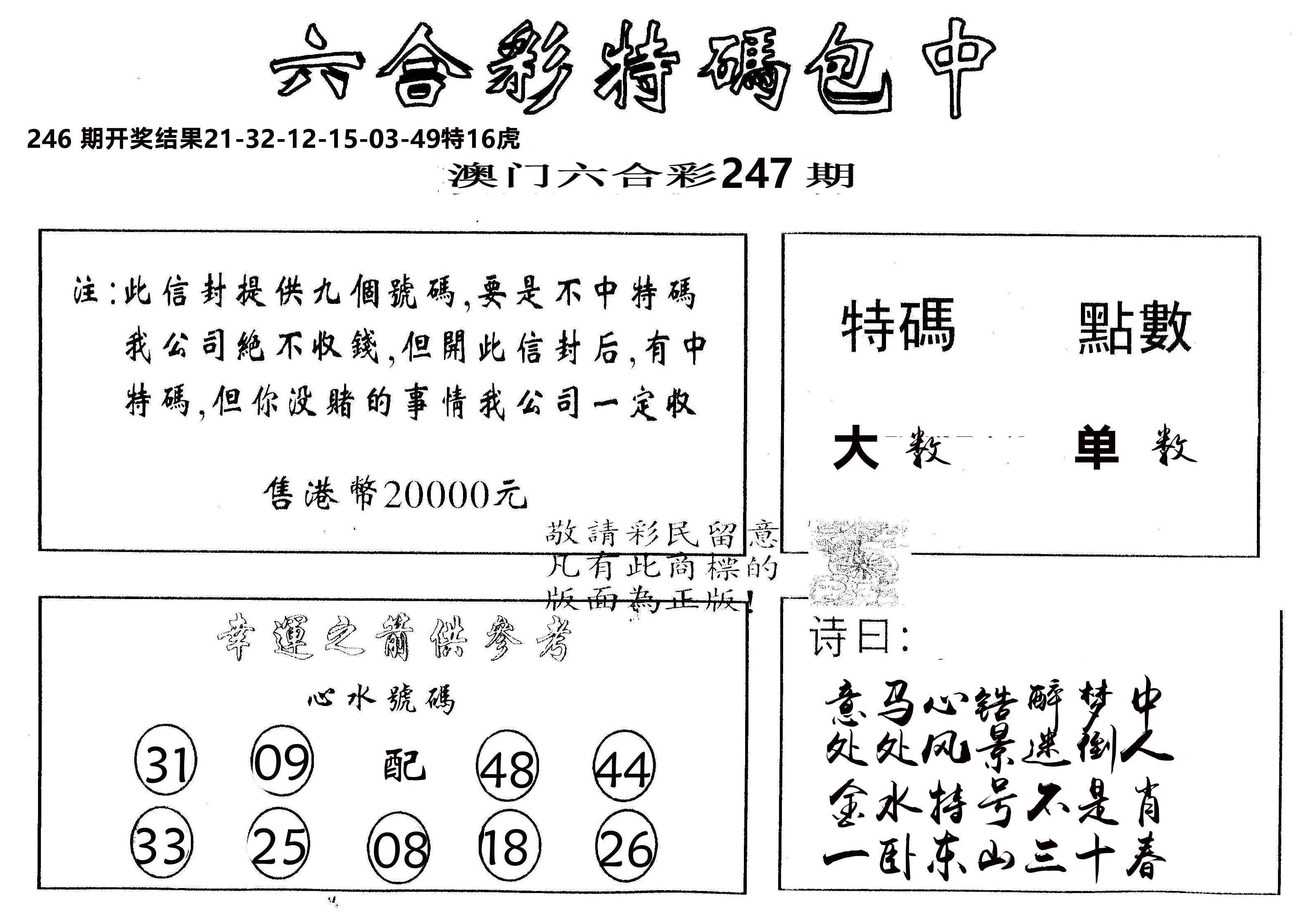 另版2000包中特 第247期