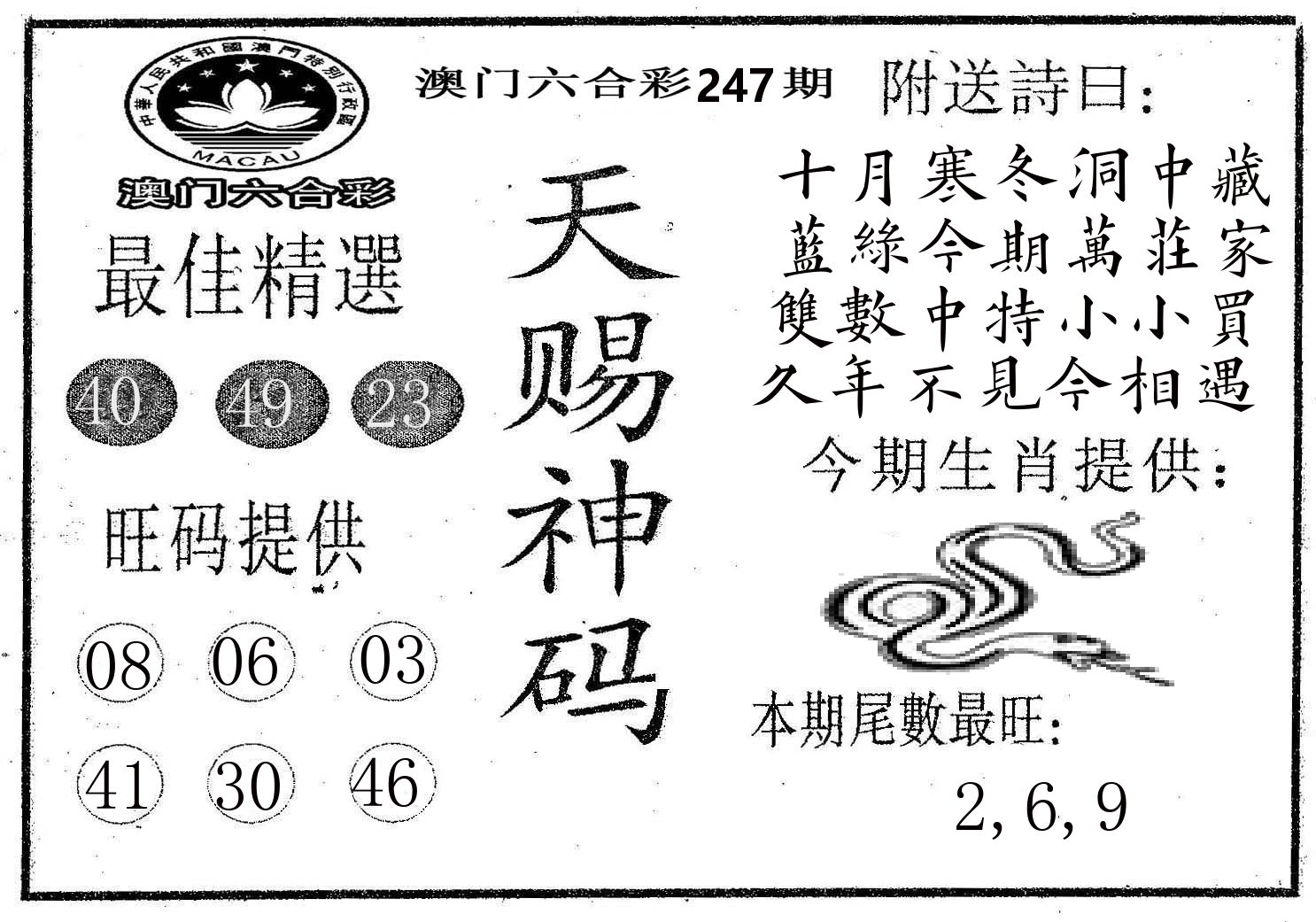 天赐神码 第247期