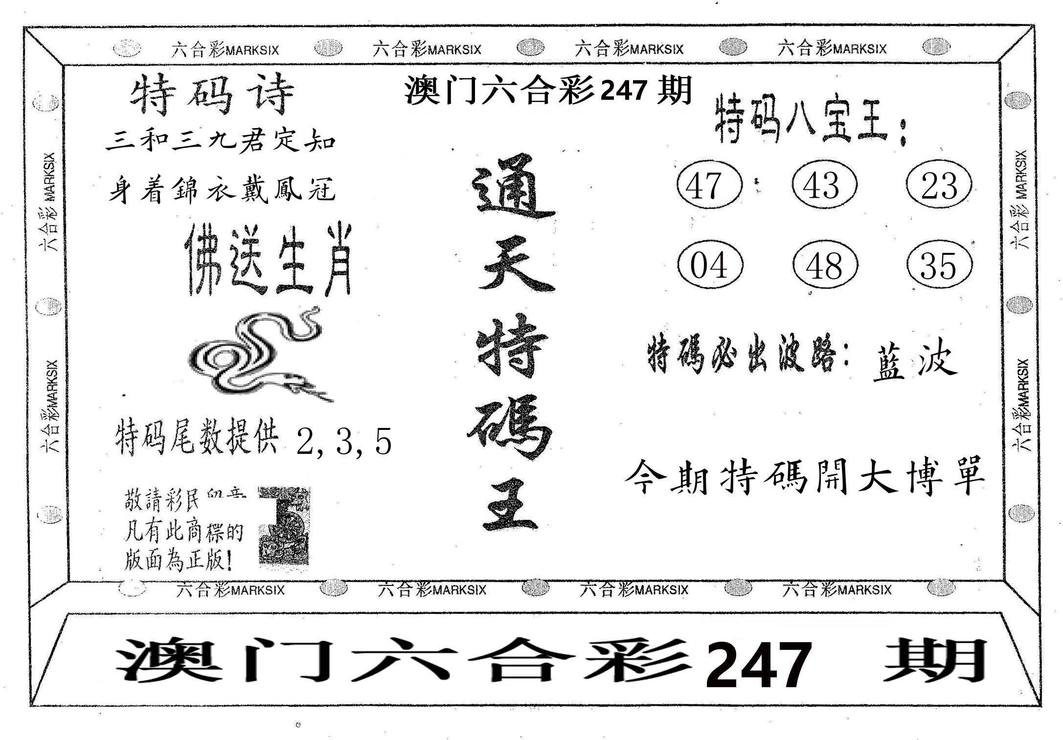 通天特码王 第247期