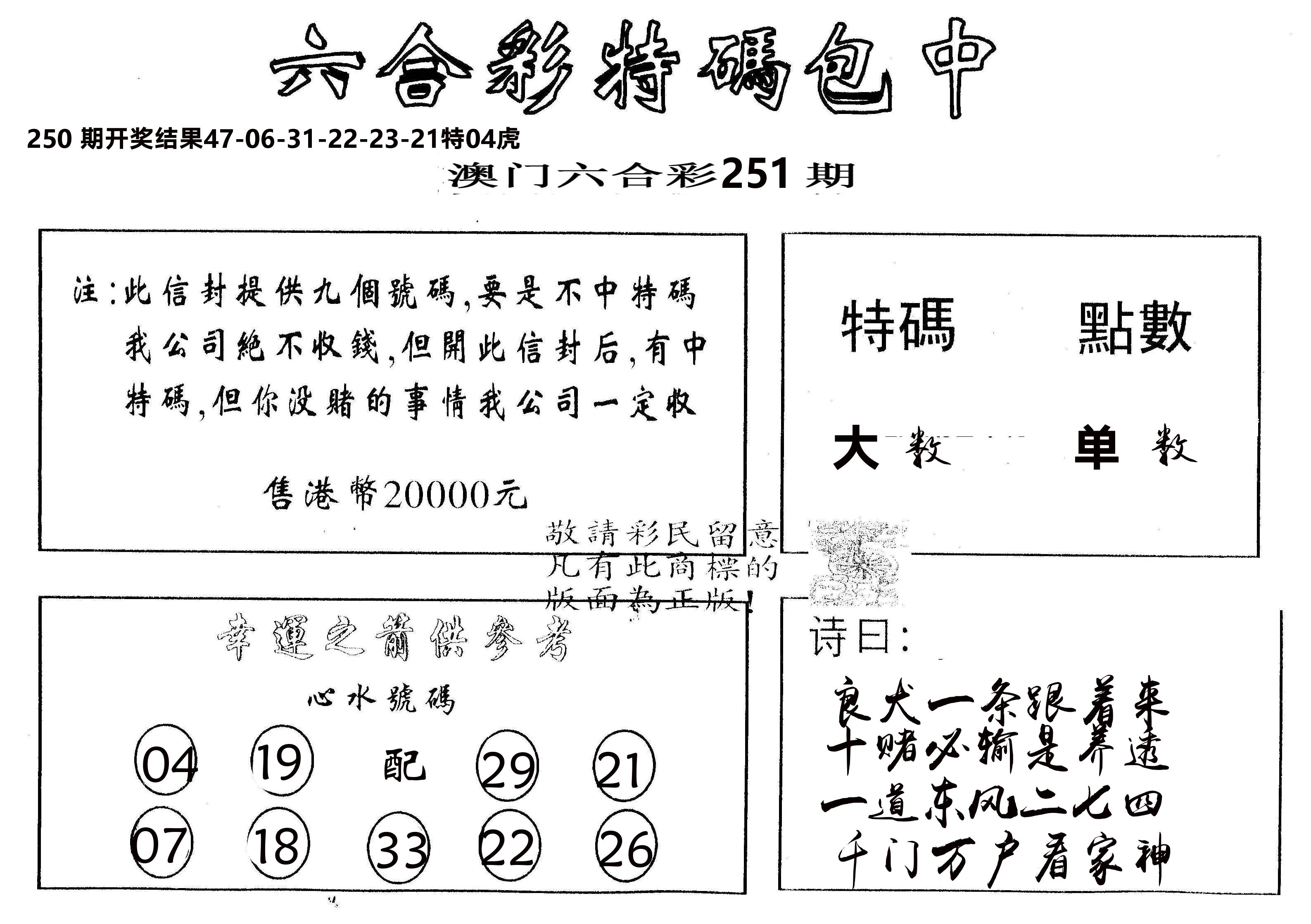 另版2000包中特 第251期