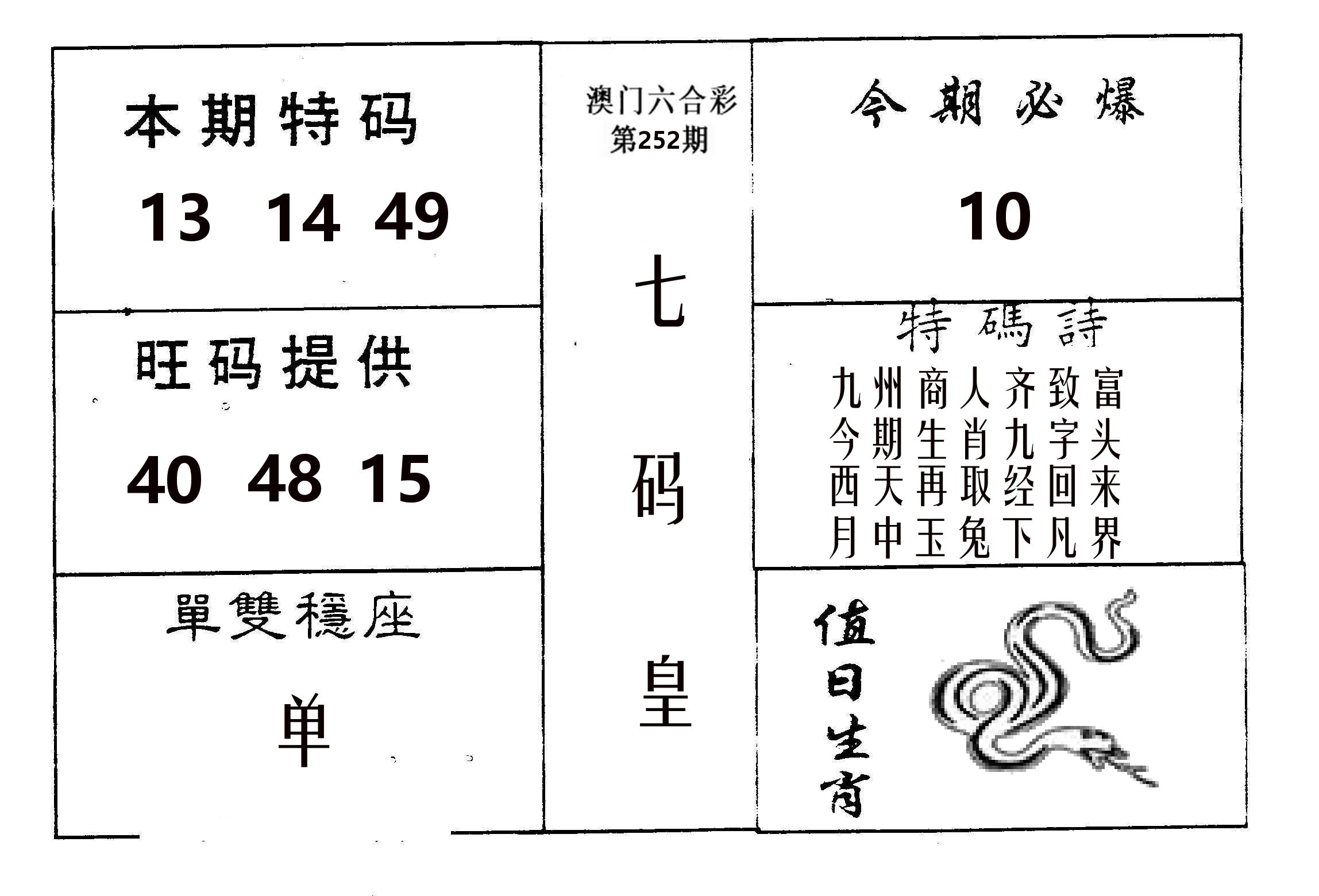 七码皇 第252期