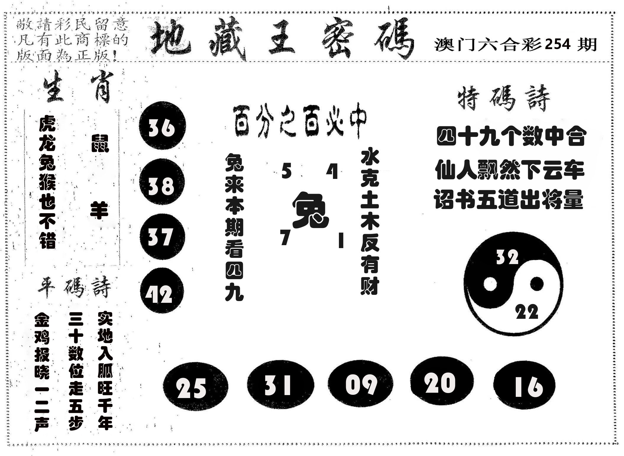 地藏王密码 第254期