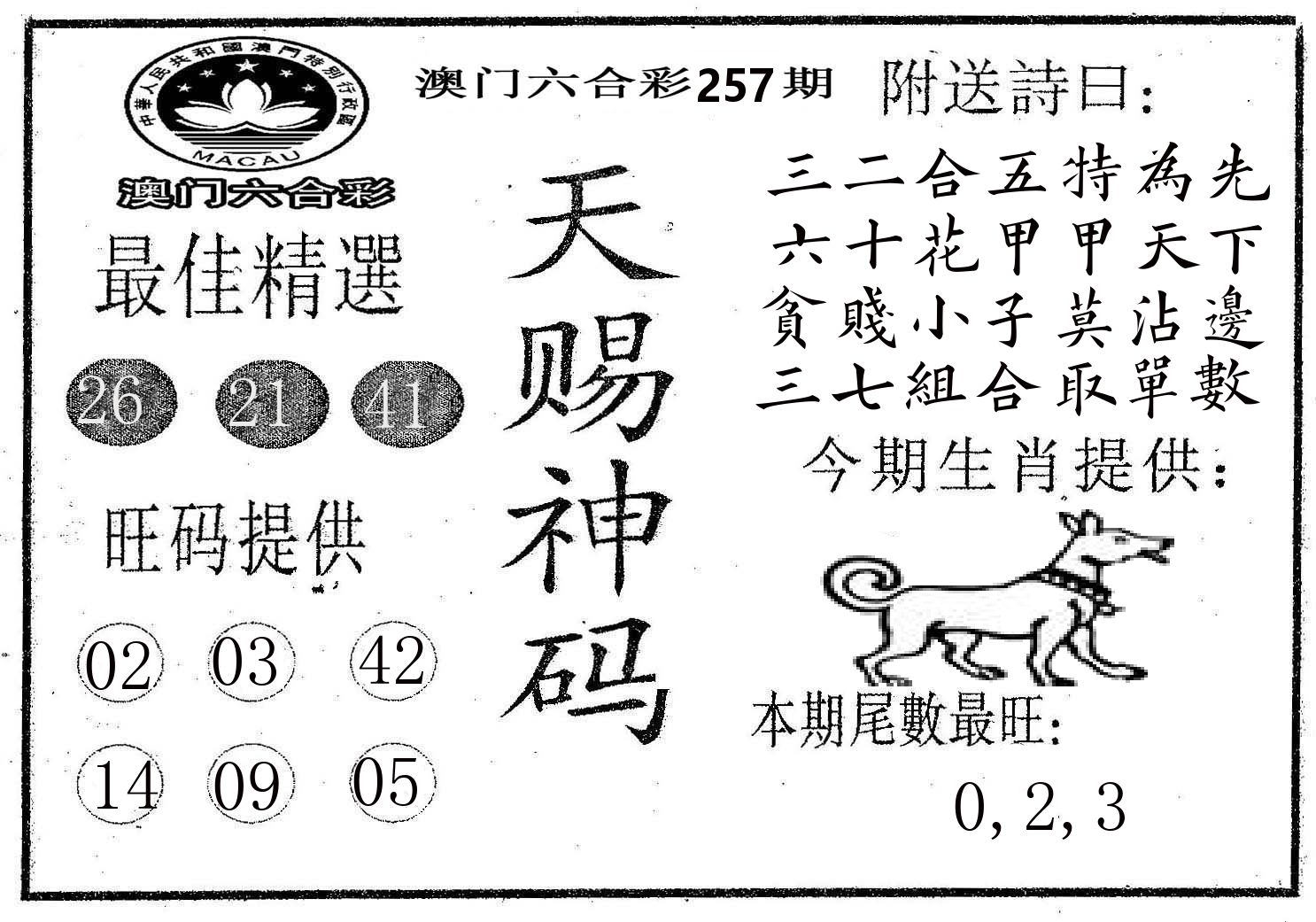 天赐神码 第257期