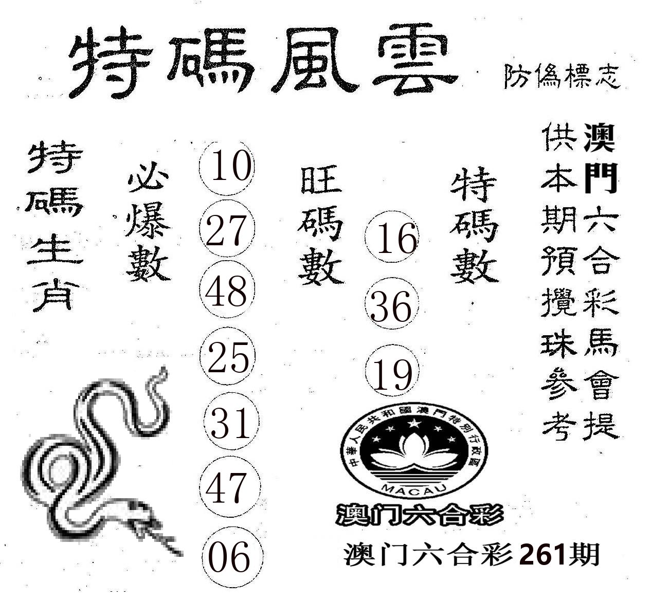 特码风云 第261期