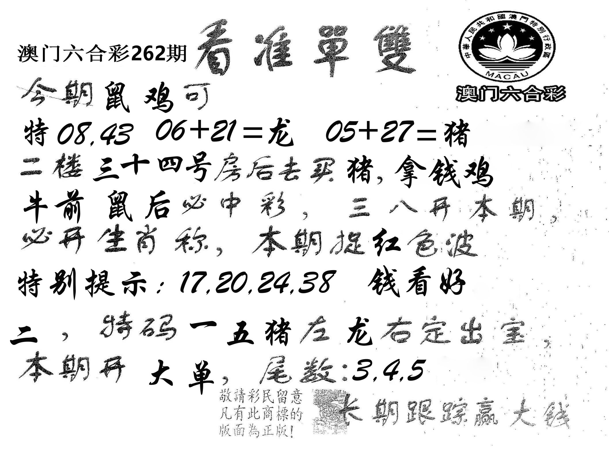 看准单双 第262期