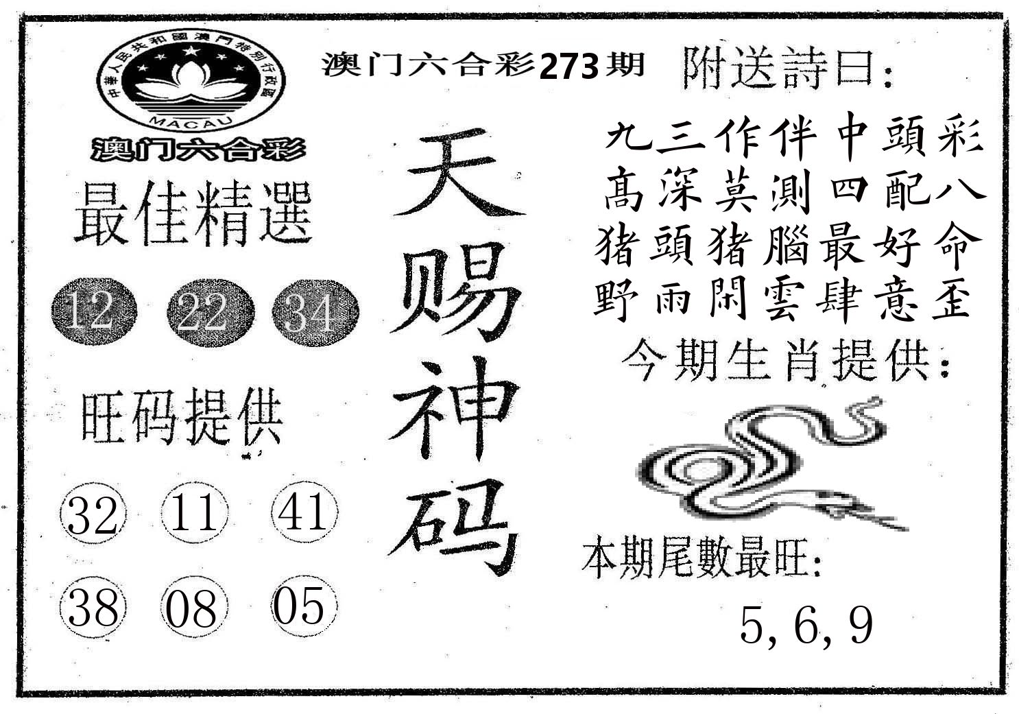 天赐神码 第273期