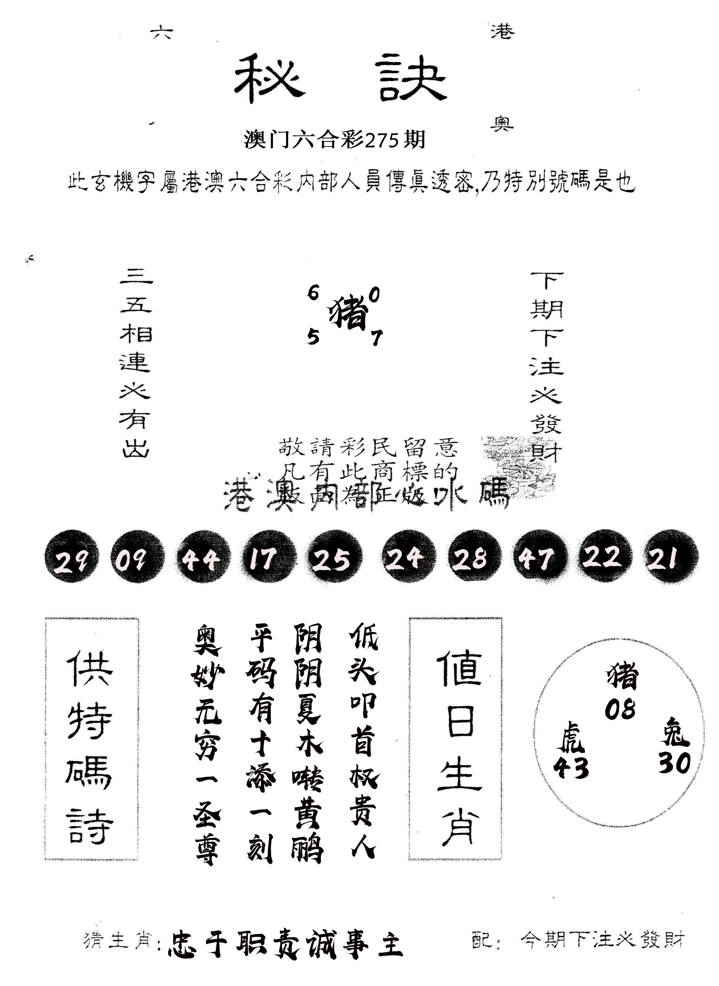 另版秘诀 第275期