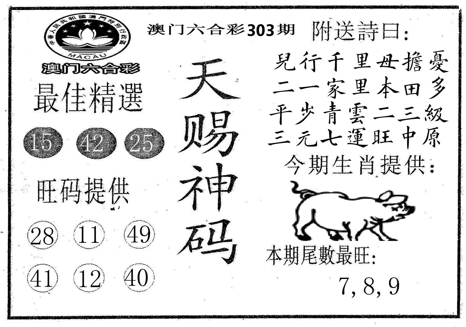 天赐神码 第303期
