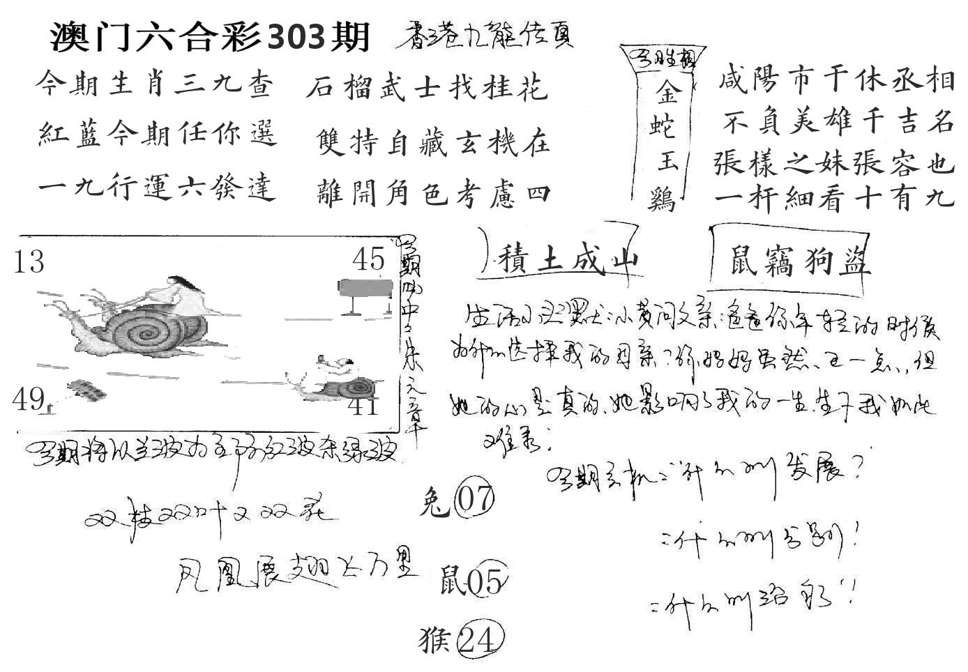 澳门手写九龙 第303期