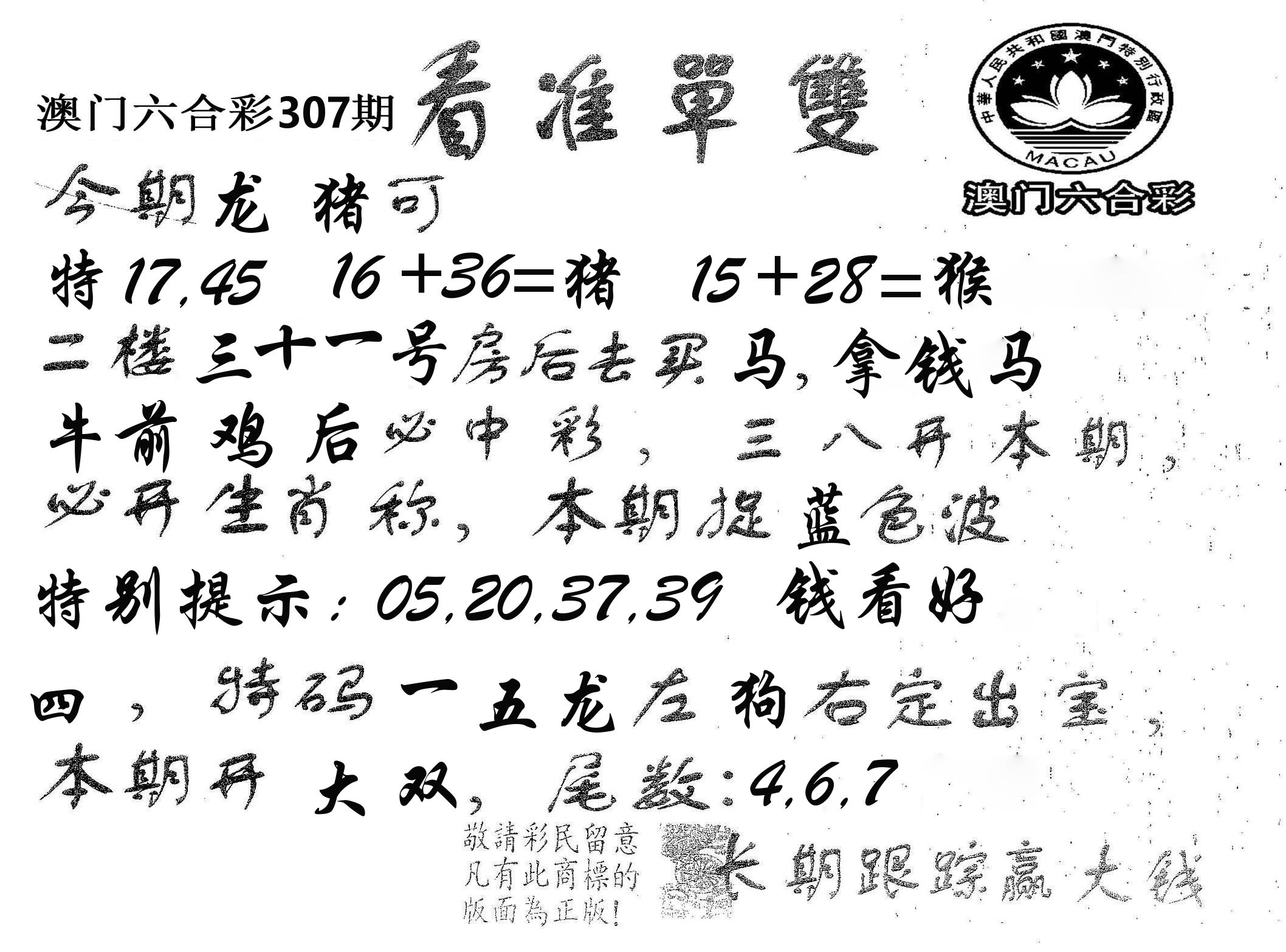 看准单双 第307期