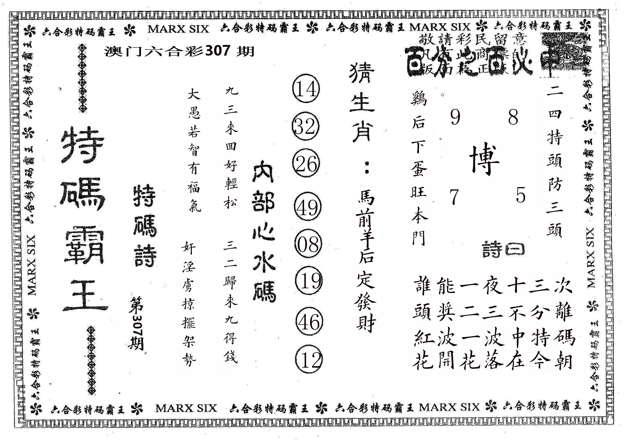 特码霸王B 第307期