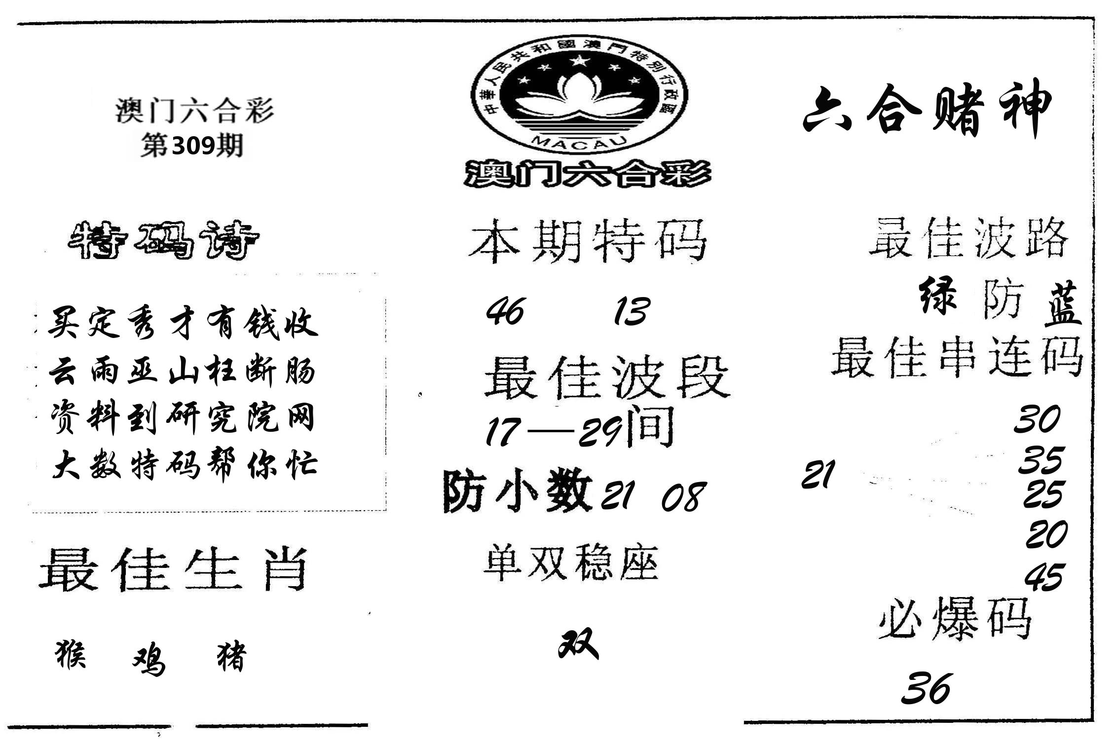 六合赌神 第309期
