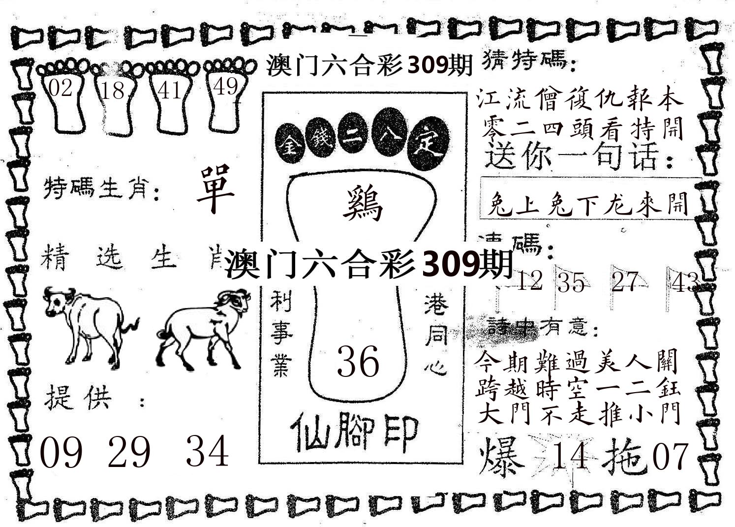 仙脚印 第309期
