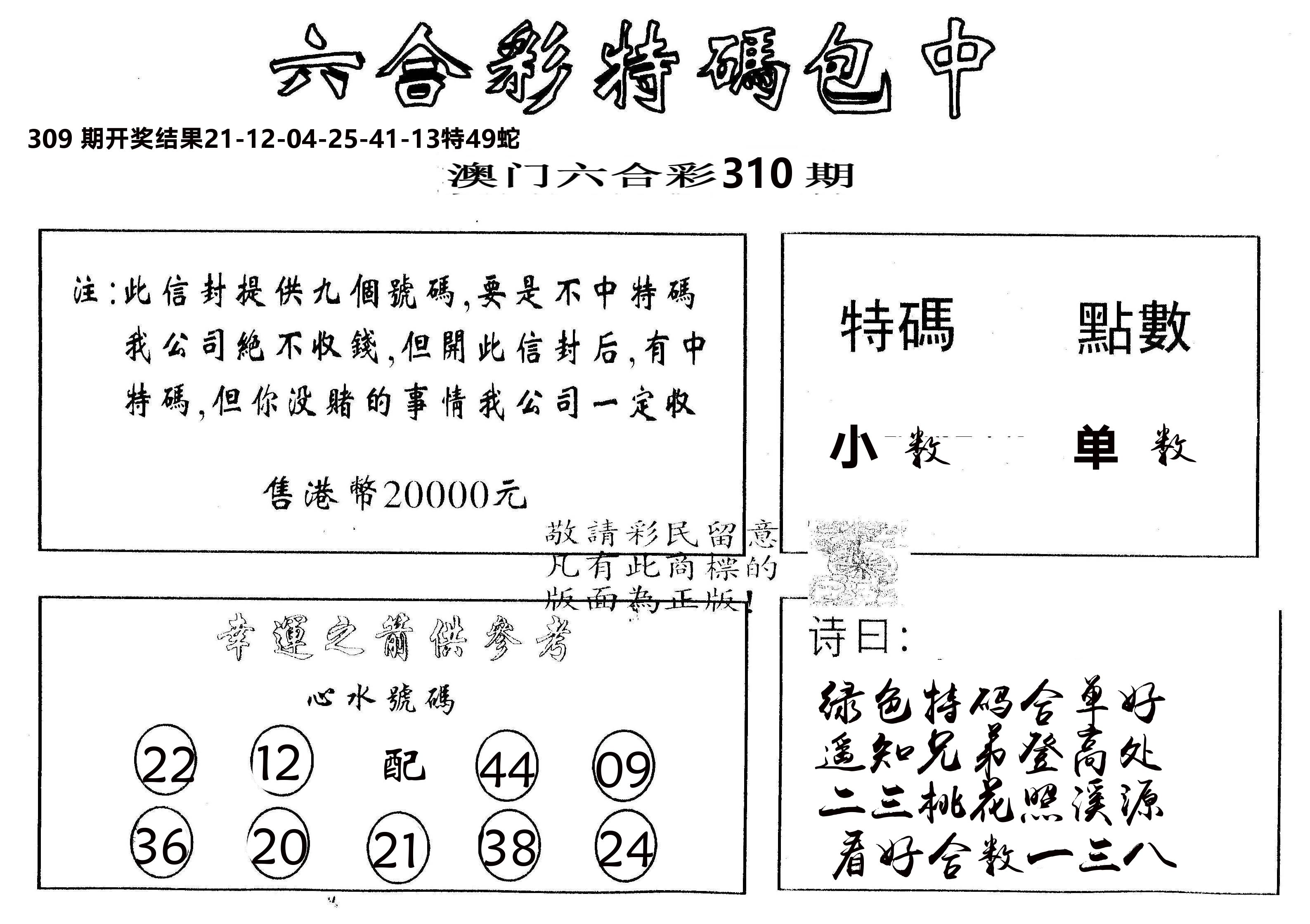 另版2000包中特 第310期