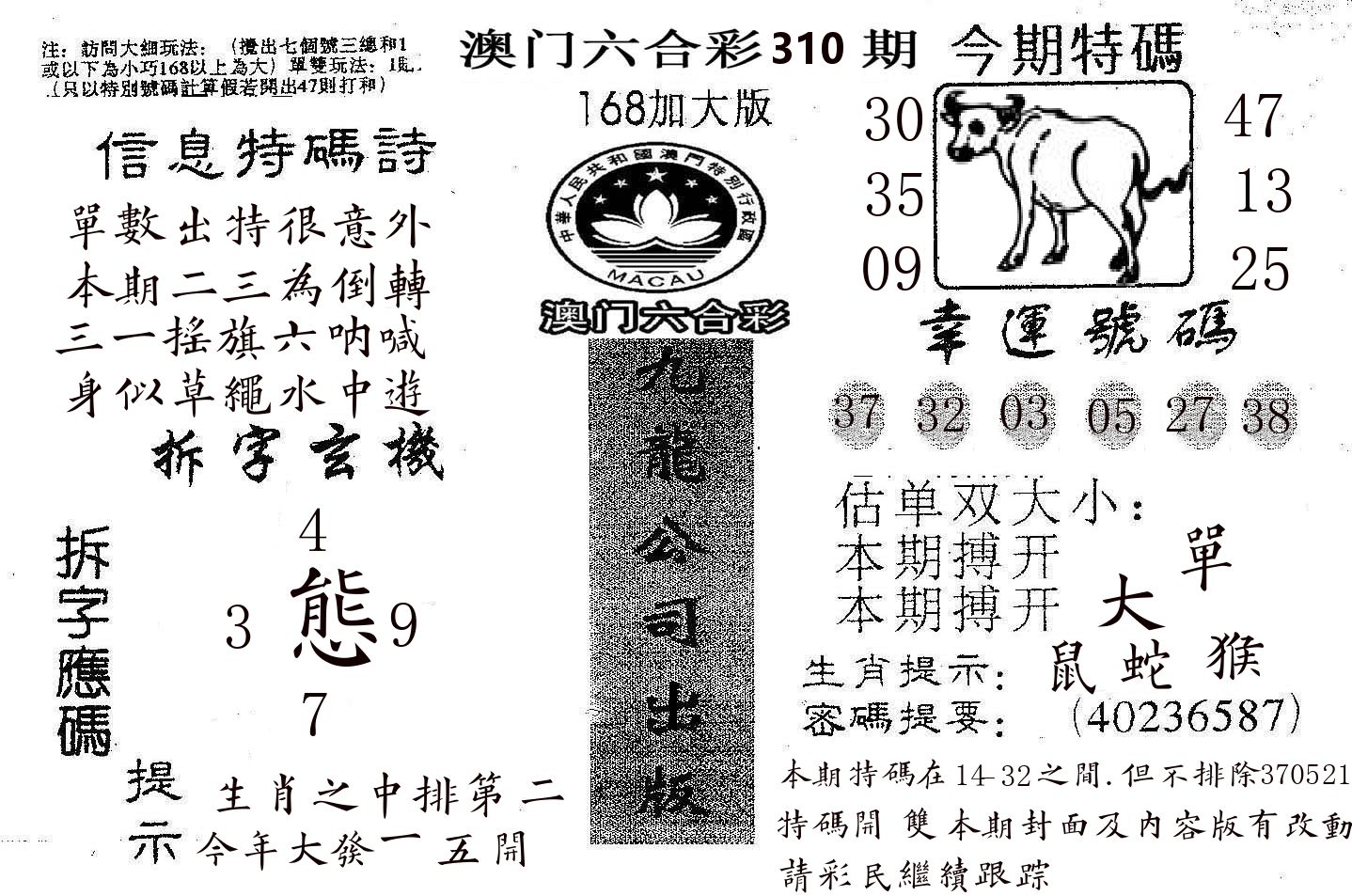 168加大版 第310期